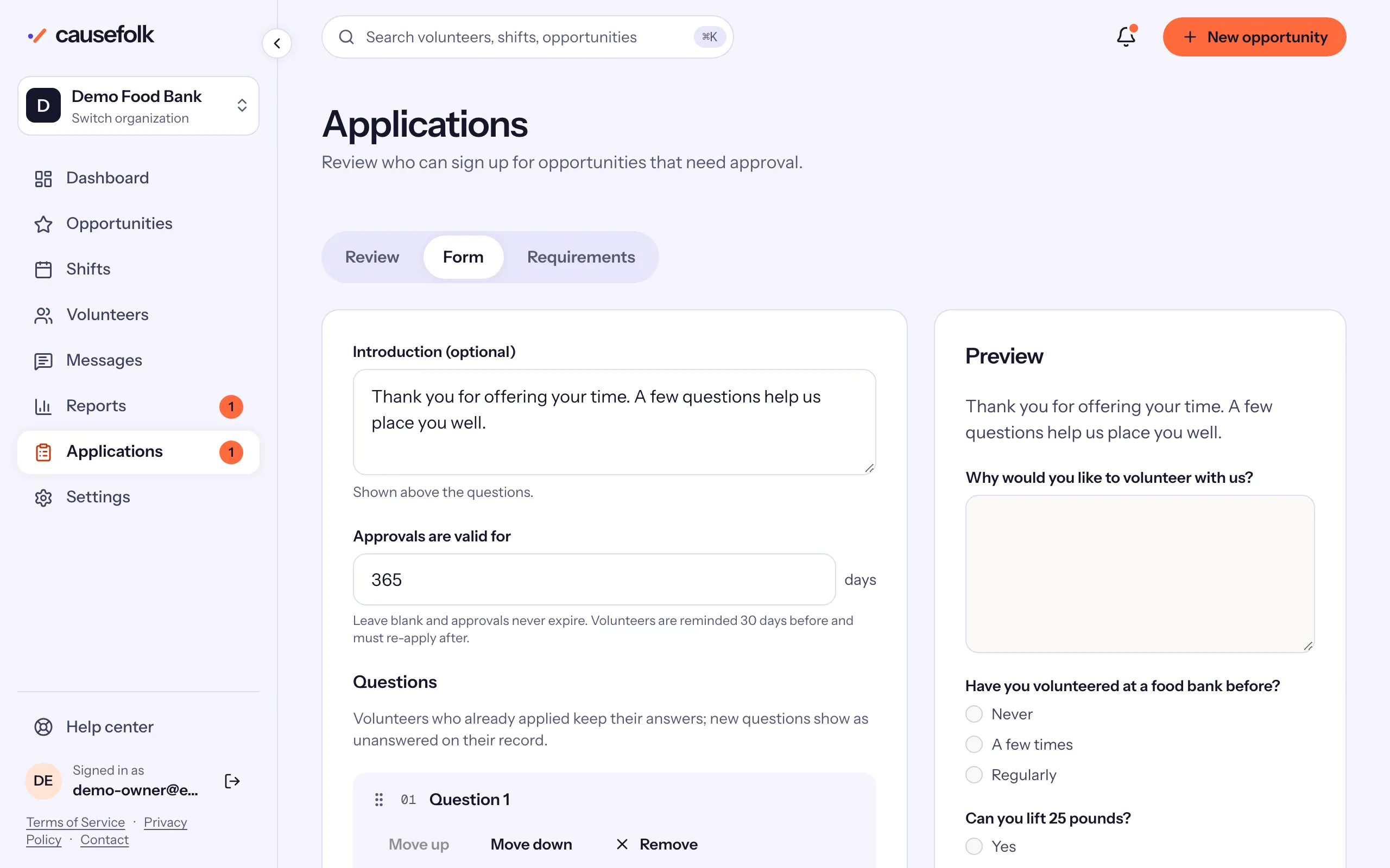The Form tab: the question builder on the left and a preview of the saved form on the right