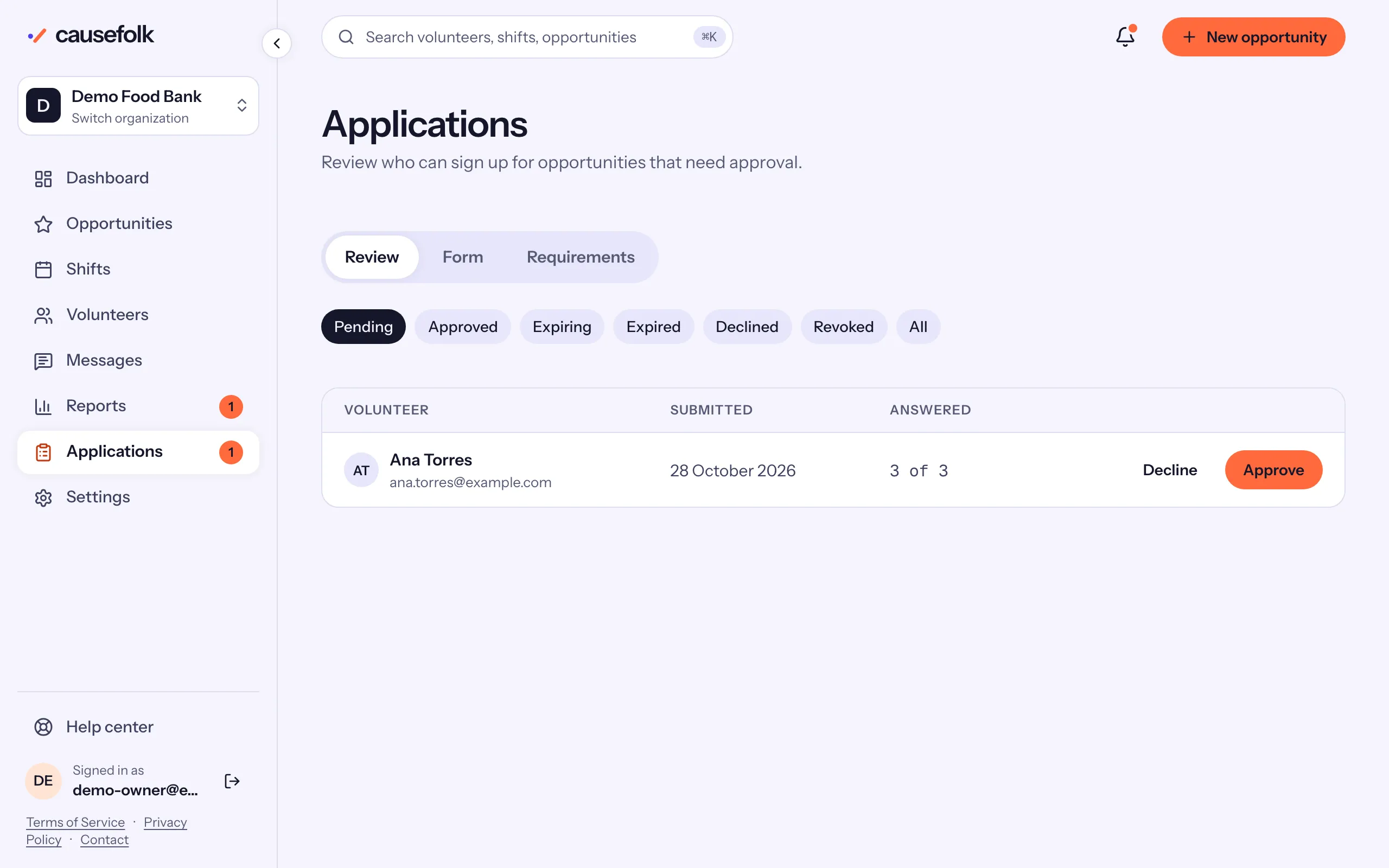 The Review tab: Ana Torres's pending application with its answered count, Decline and Approve