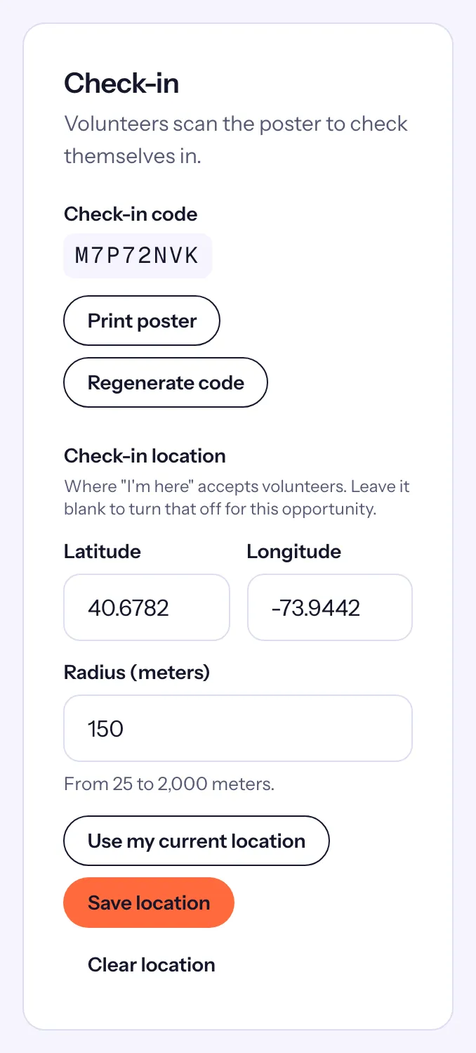 The garden's Check-in card: the check-in code, Print poster, Regenerate code and the check-in location
