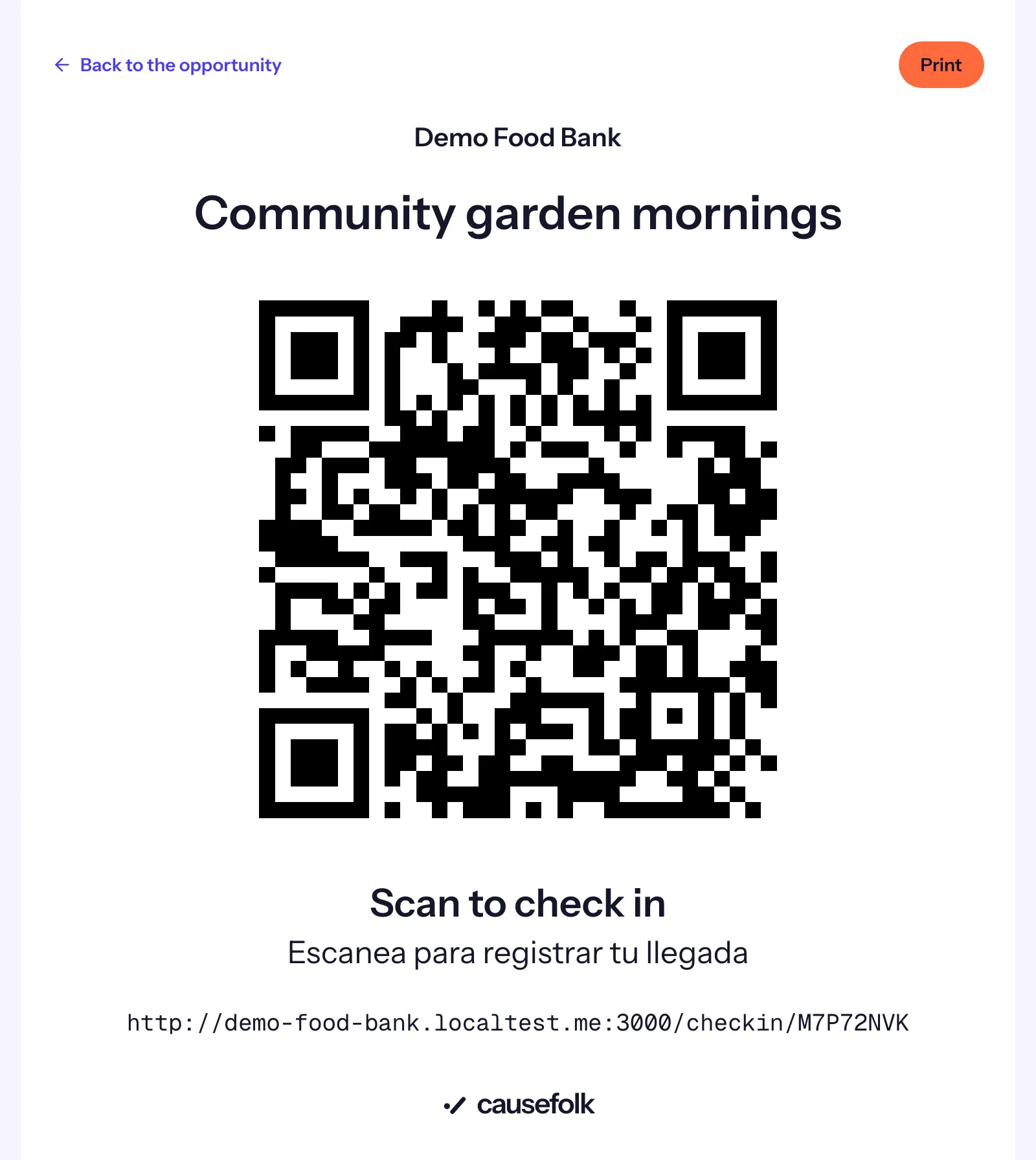 The printed check-in poster: the opportunity's name, the QR code and "Scan to check in" in English and Spanish