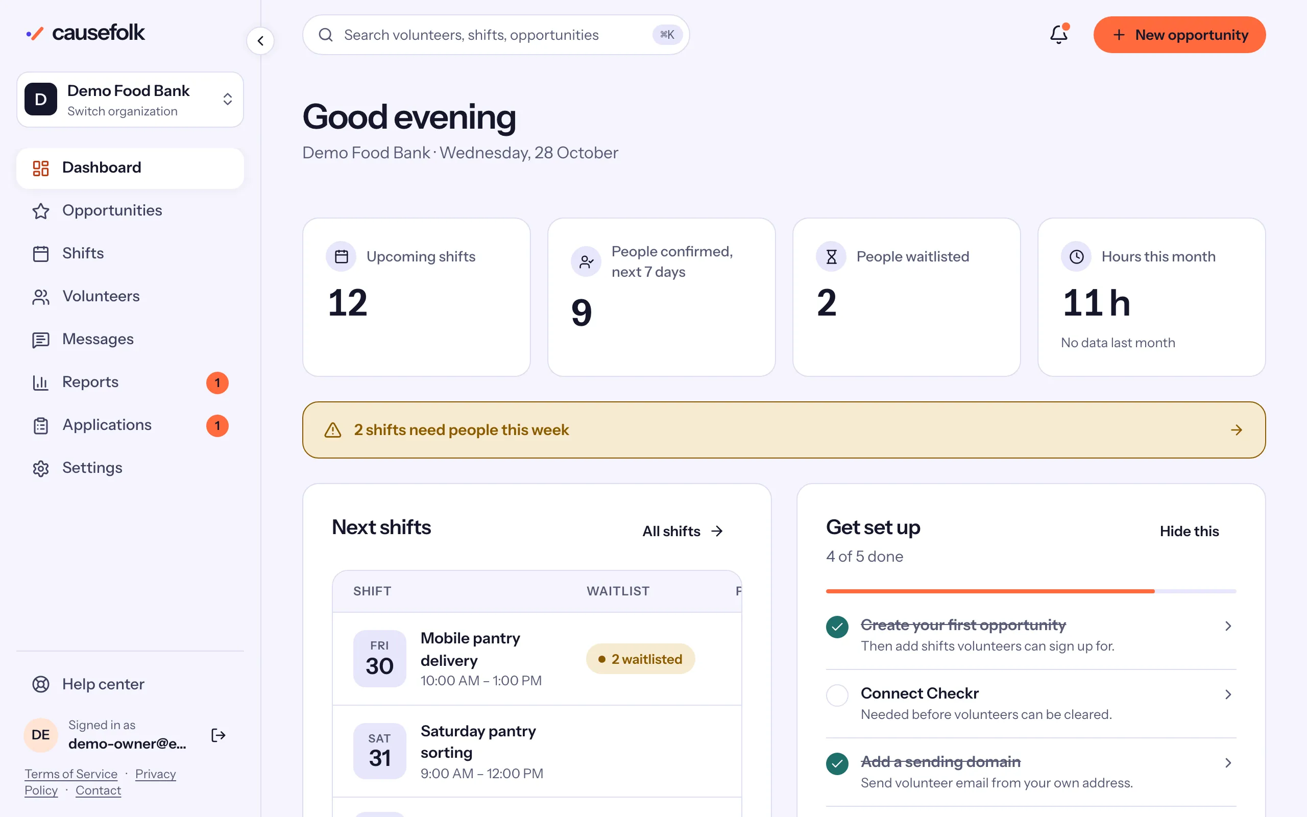 The staff app's dashboard for the Demo Food Bank, with its numbers and next shifts