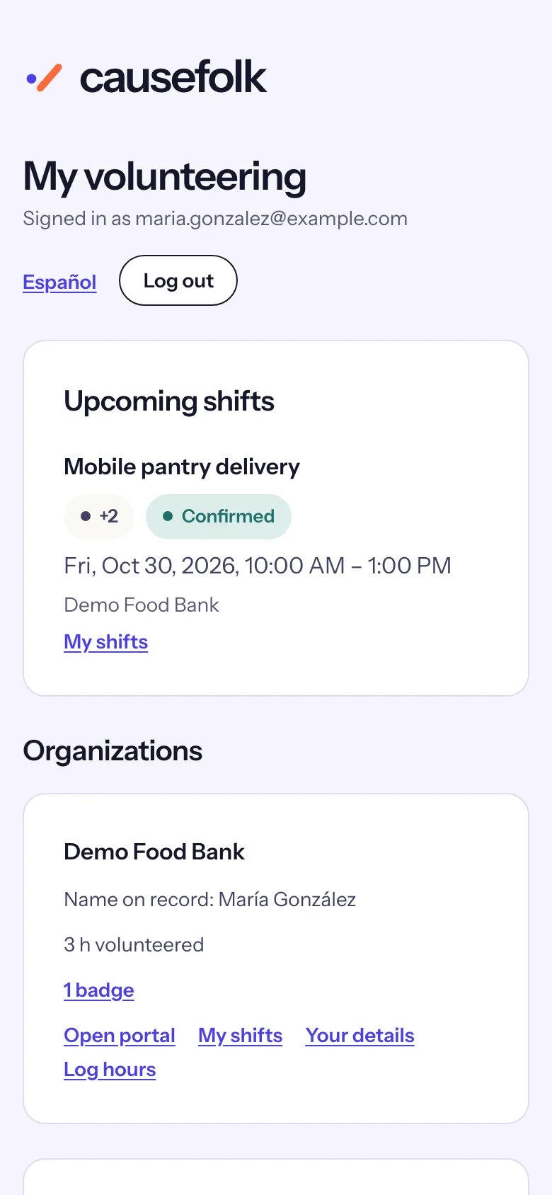 My volunteering on a phone: the language switch and Log out, a confirmed upcoming shift, then the organization's card with the hours, 1 badge, Open portal, My shifts, Your details and Log hours