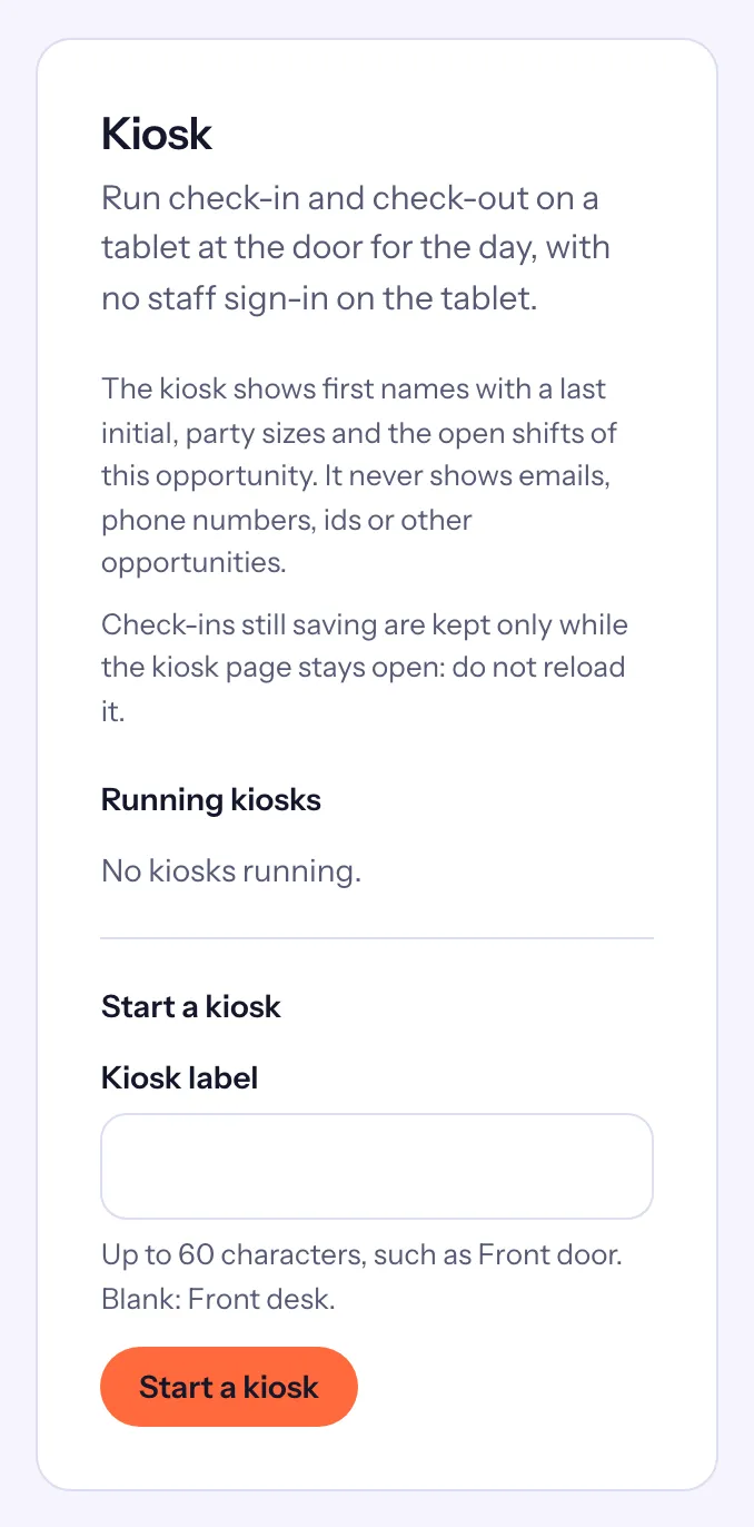 The Kiosk card with no kiosk running, the Kiosk label field and Start a kiosk