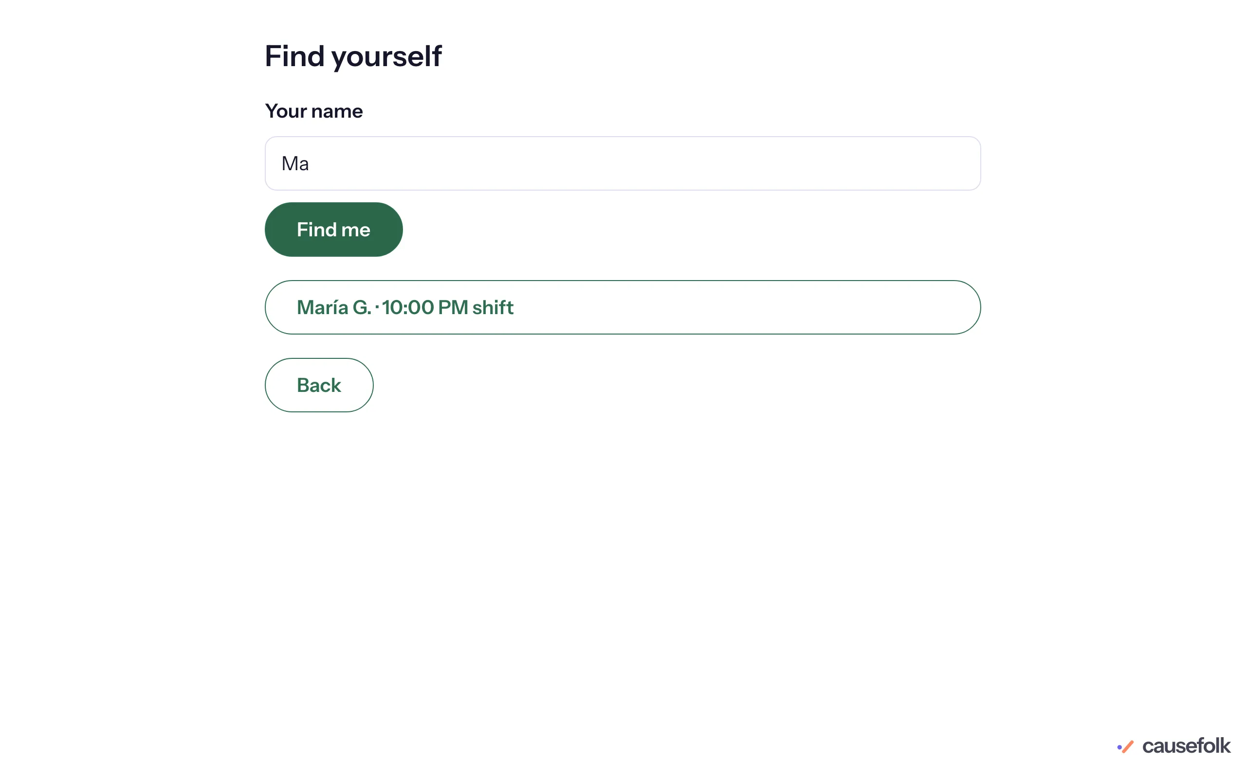 Find yourself on a kiosk: "Ma" typed under Your name, and María G. with her shift's time to tap