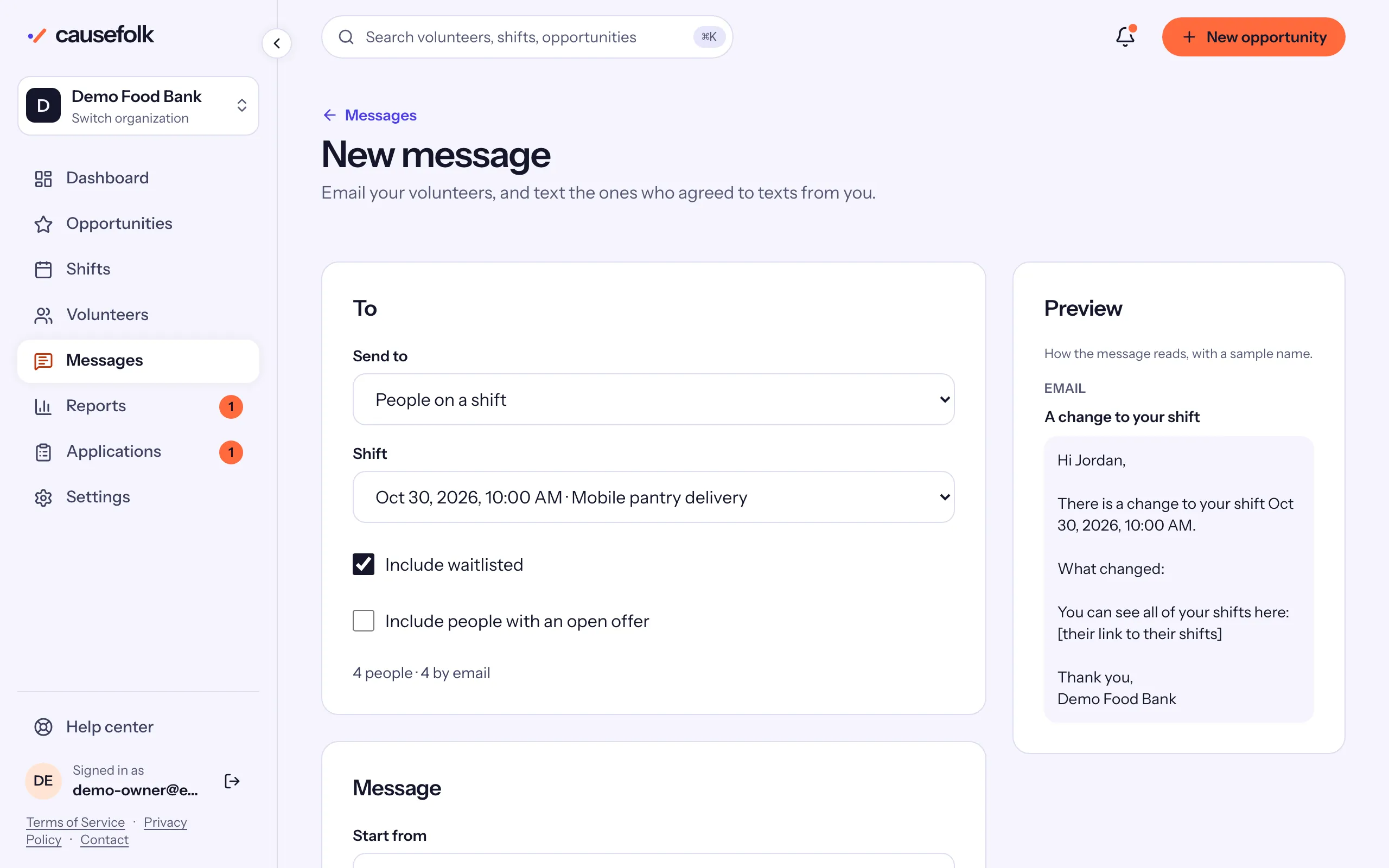 A new message to the people on a delivery shift: Send to, Shift, Include waitlisted, the count of 4 people by email, and the preview