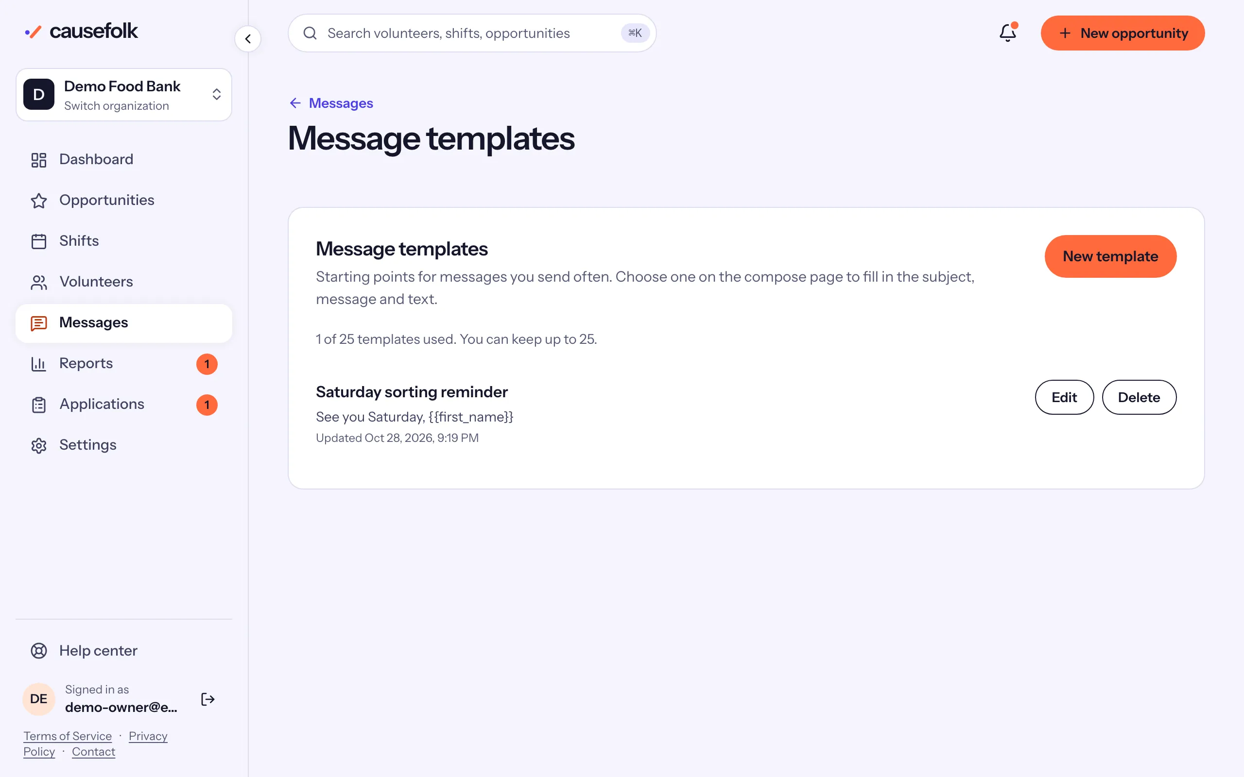 Message templates: one template, Saturday sorting reminder, with Edit and Delete, and 1 of 25 templates used