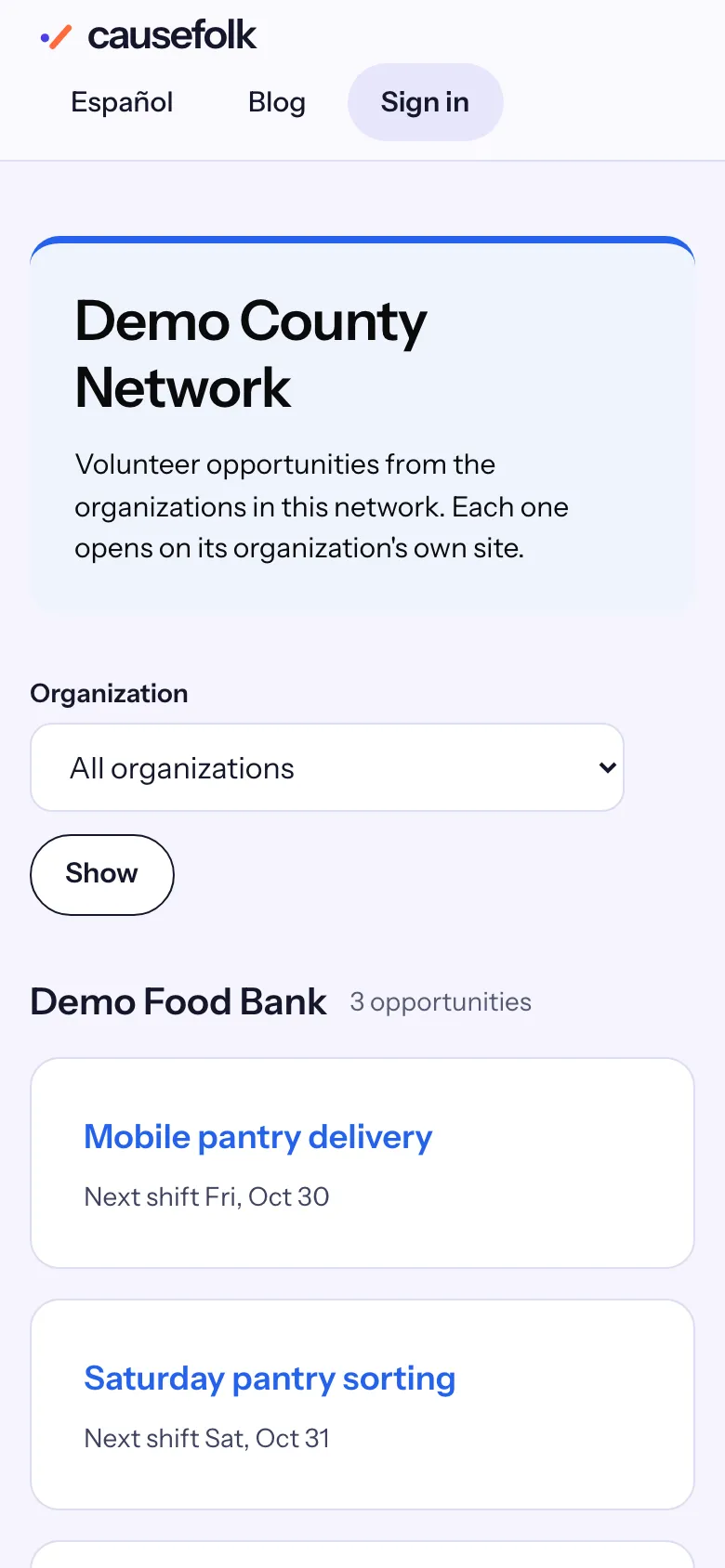 The Demo County Network's public directory on a phone: the filter by organization, then Demo Food Bank with its opportunities and their next shifts