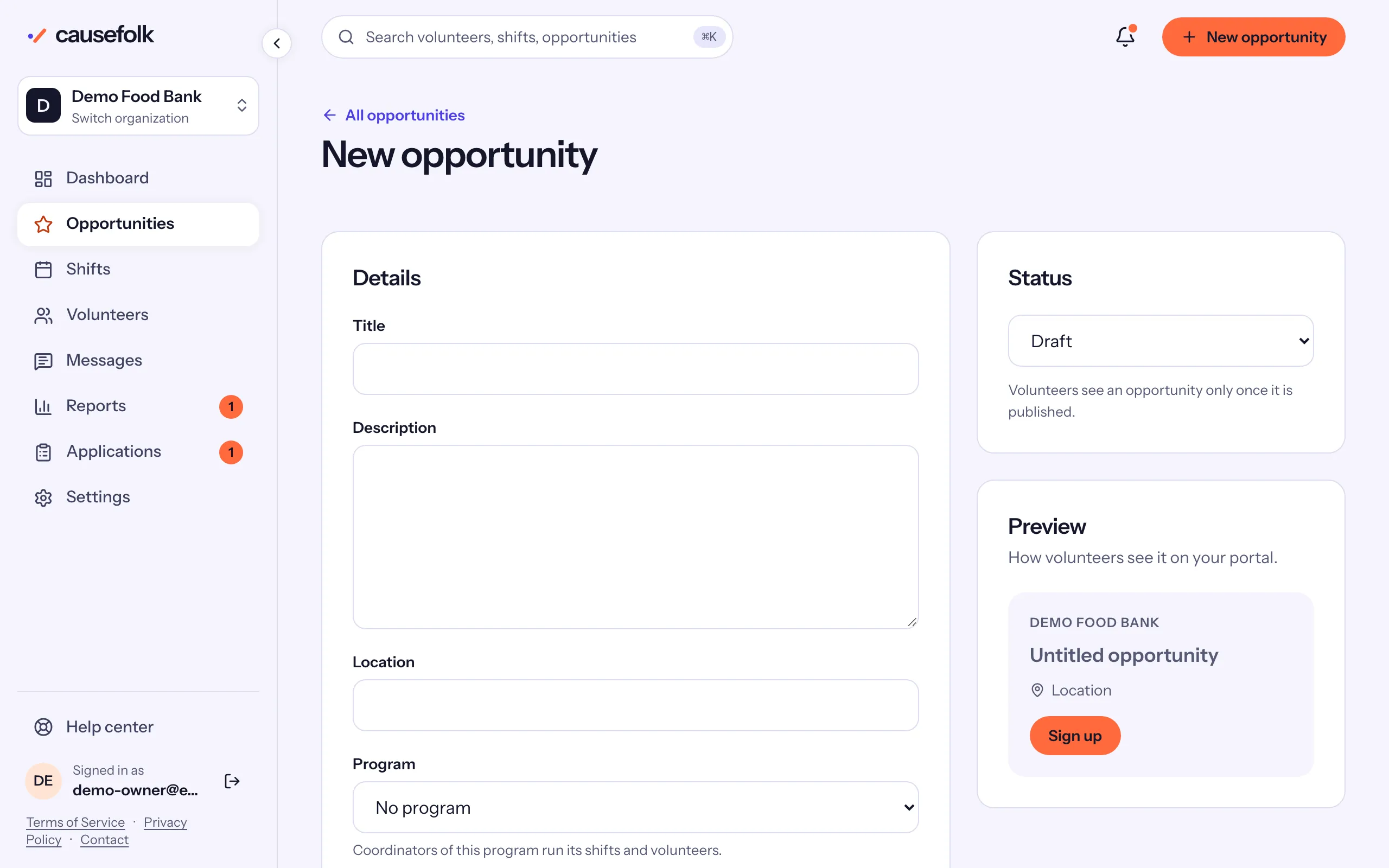 The New opportunity form: Details, Requirements, Status and a live preview of how volunteers will see it
