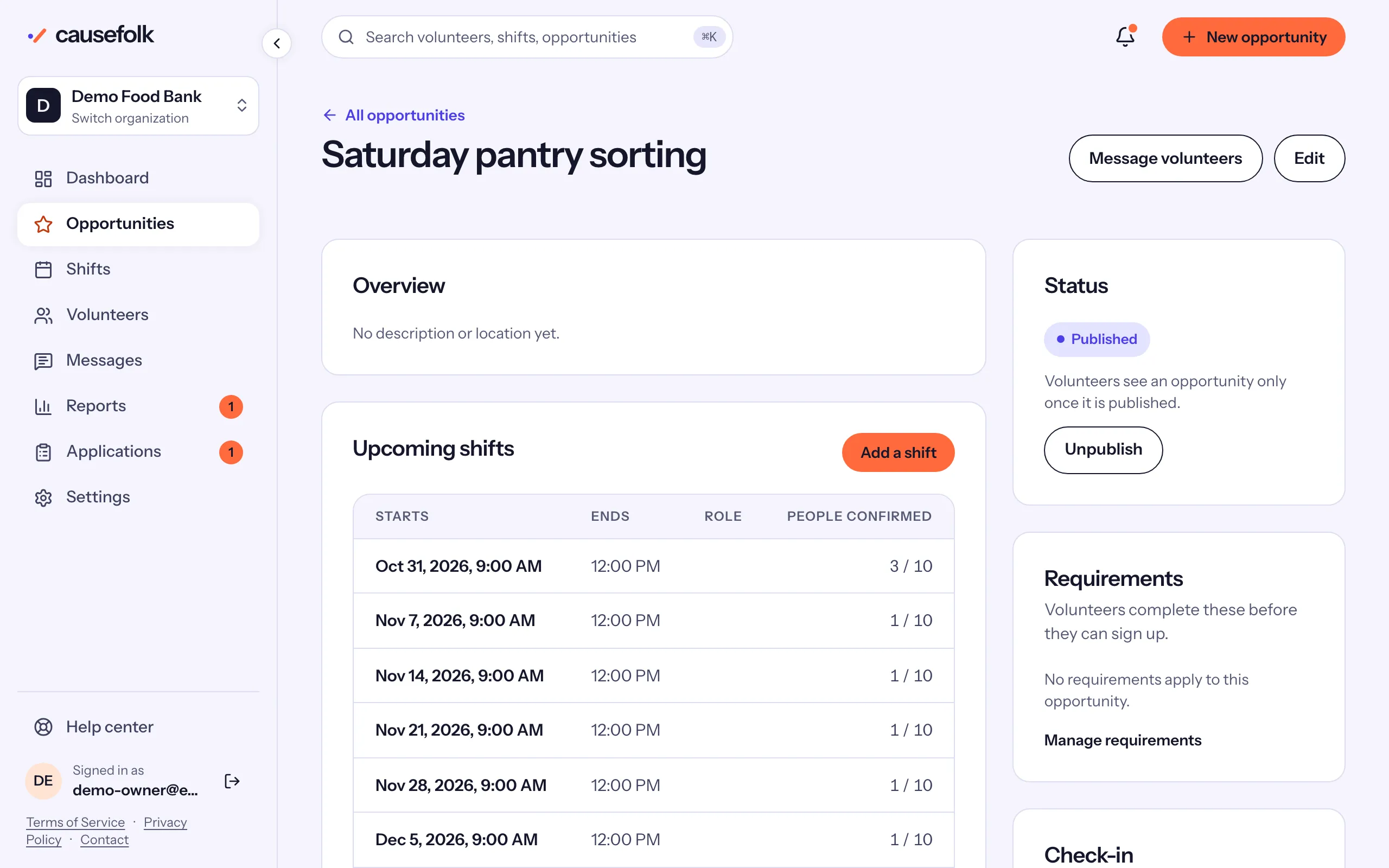 The opportunity page: Overview, Upcoming shifts with Add a shift, and the Status card with Publish or Unpublish
