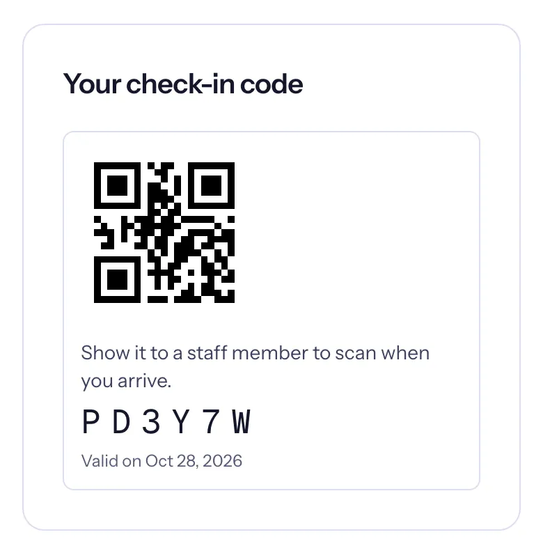 Your check-in code on a phone: the QR code, the six characters and the day it is valid