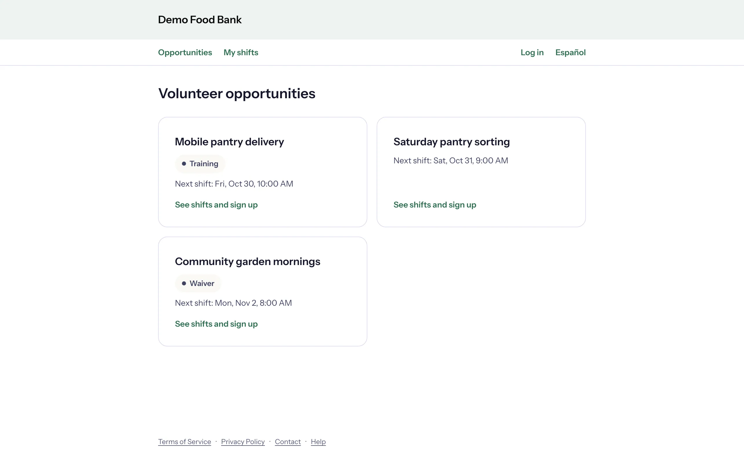 The Demo Food Bank's volunteer site listing its three opportunities and their next shifts