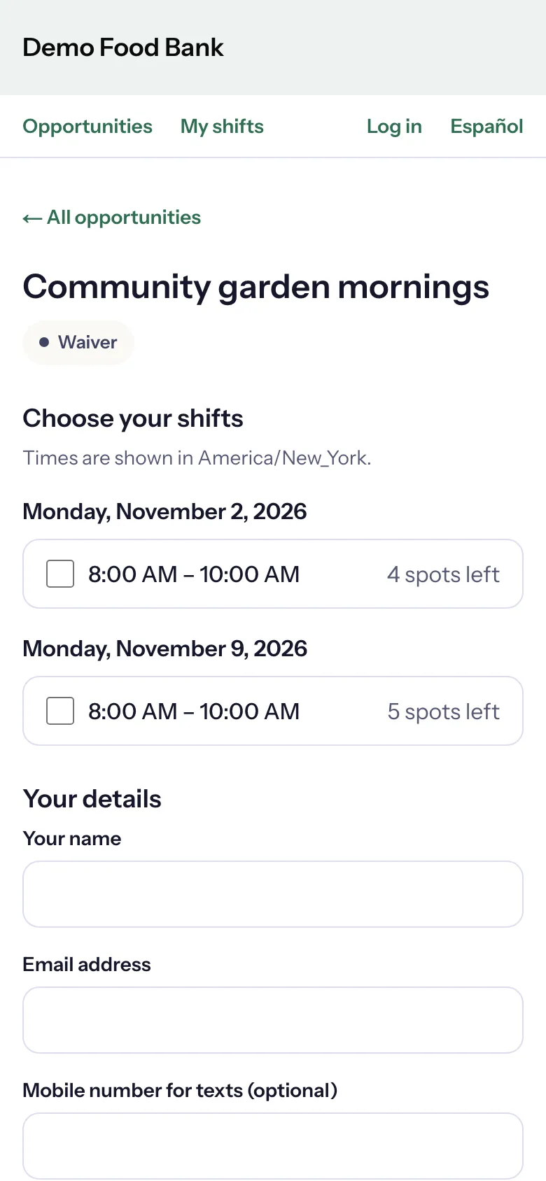 Community garden mornings on a phone: its Waiver badge, Choose your shifts with the spots left on each, then Your details