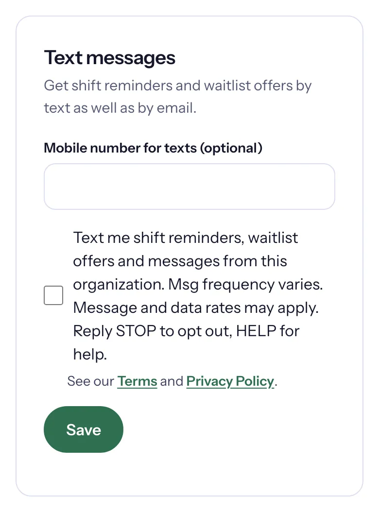 The Text messages card on a phone: the mobile number field, the consent box and Save