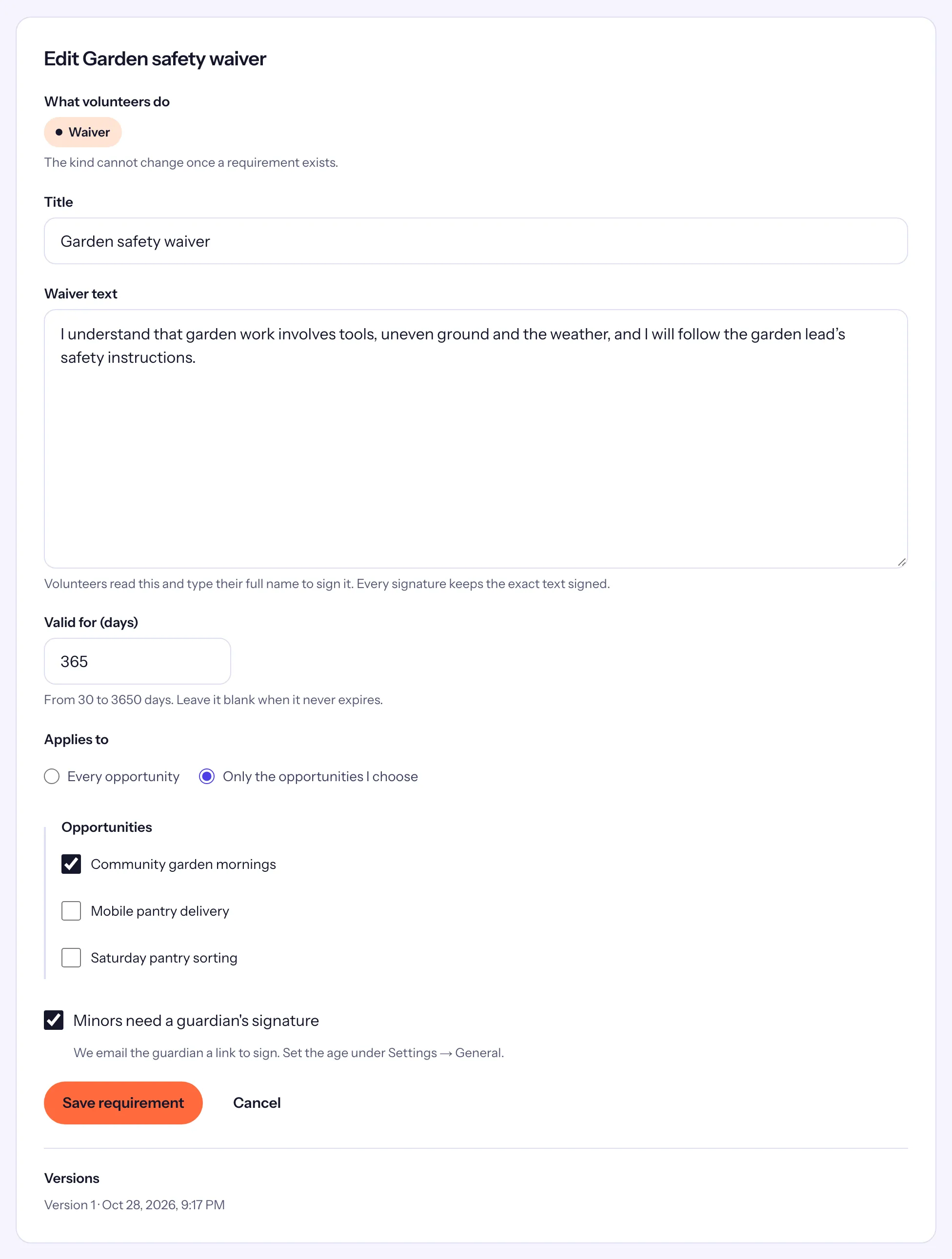 The garden safety waiver's form with Minors need a guardian's signature ticked