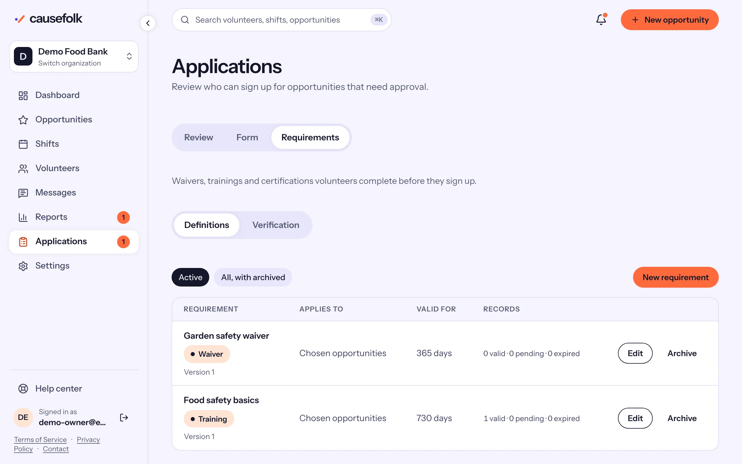 The Requirements tab's Definitions: the garden safety waiver and the food safety training, each with what it applies to and how long it is valid