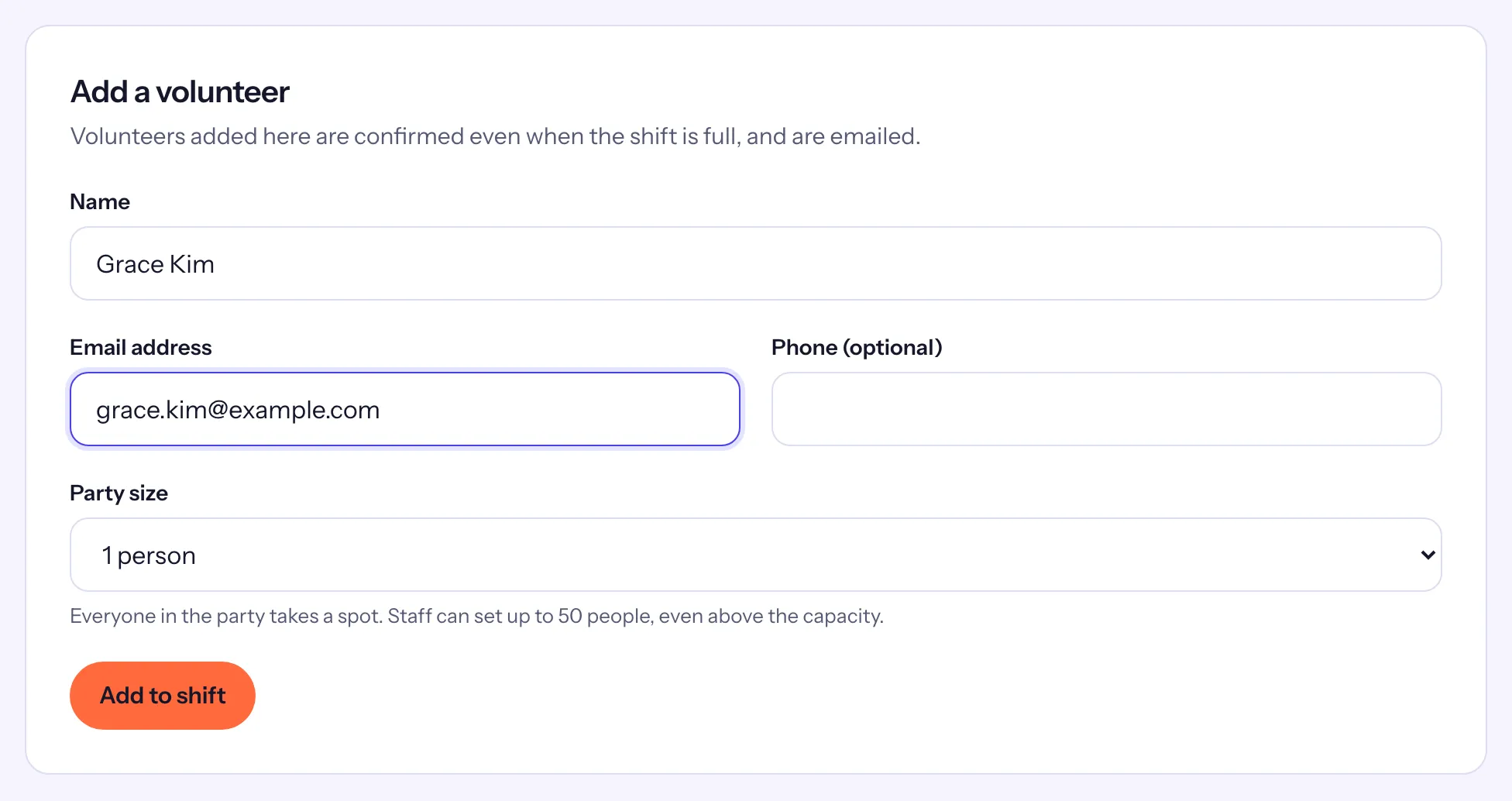 The Add a volunteer card under a shift's roster, with Grace Kim's name and email typed in