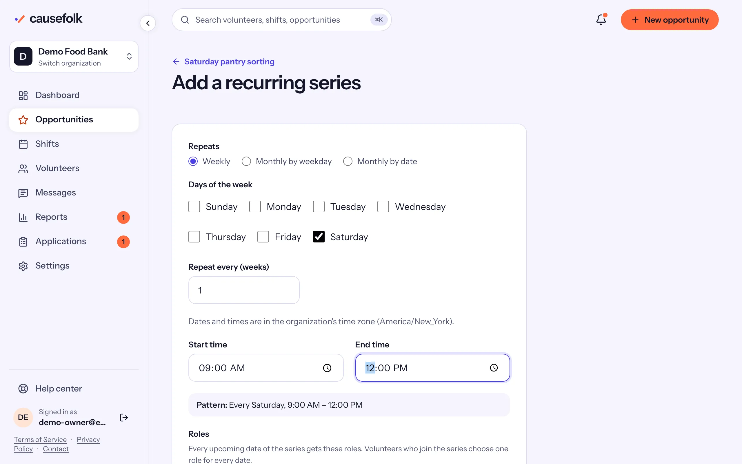 The Add a recurring series form set to every Saturday, 9:00 to 12:00, with the pattern in words