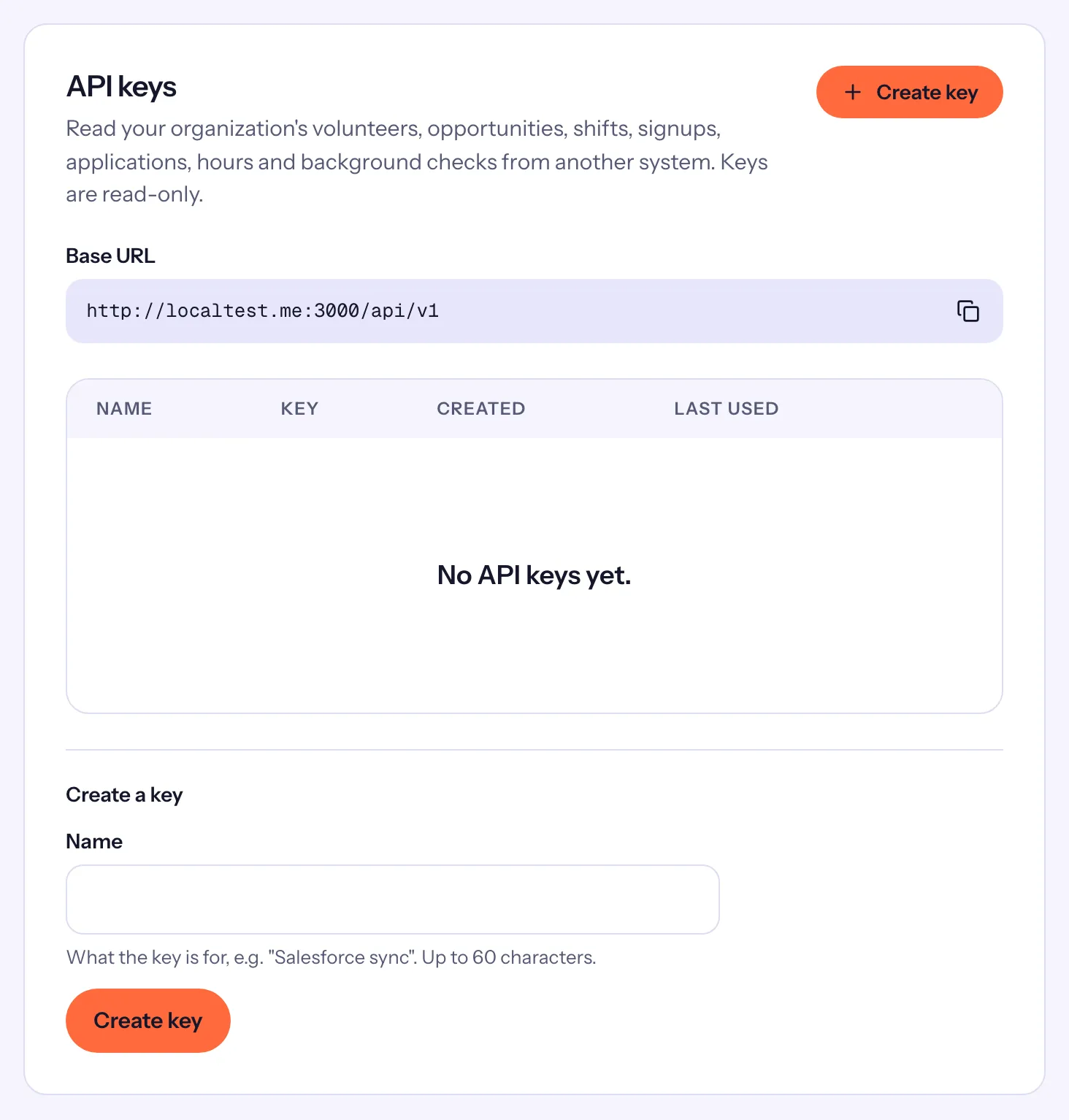 The API keys card: the Base URL with its copy button, the list of keys, and Create a key with its Name field