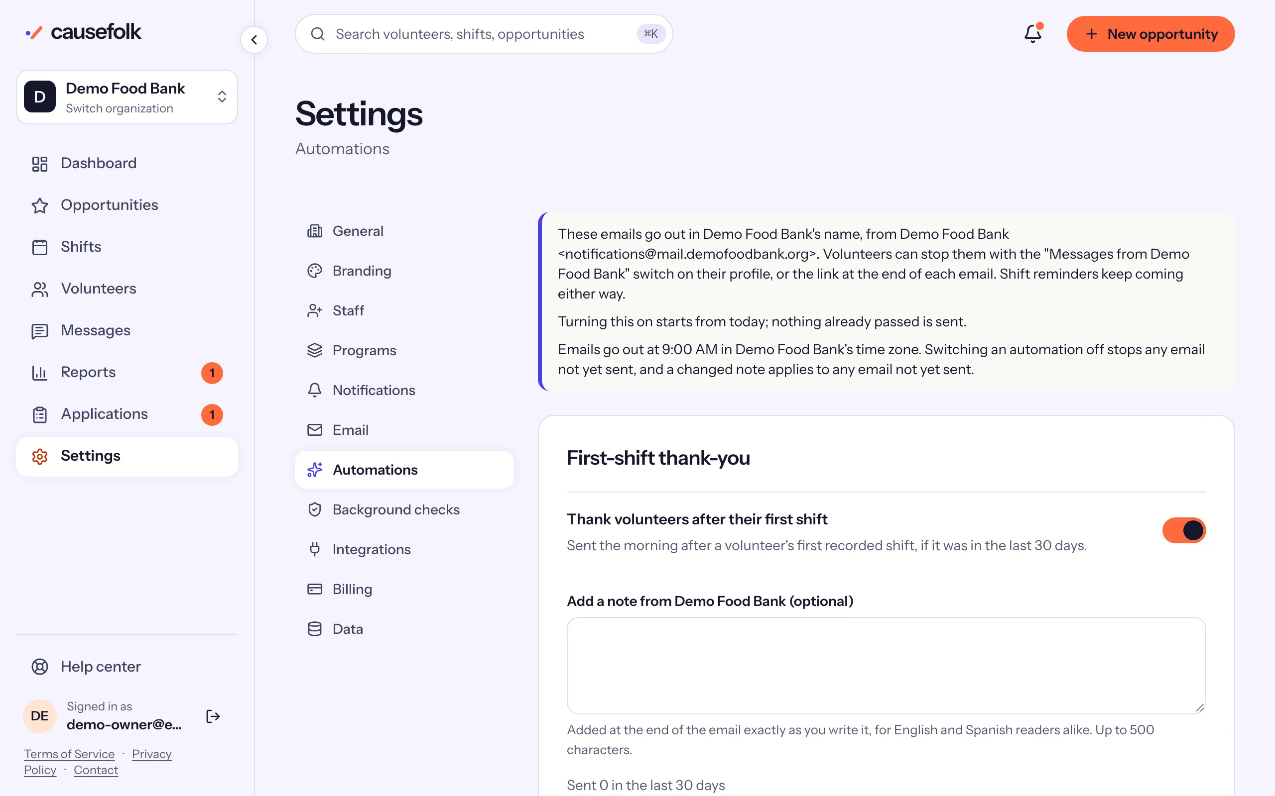 Settings, Automations: who the emails come from, then the First-shift thank-you card with its switch and note