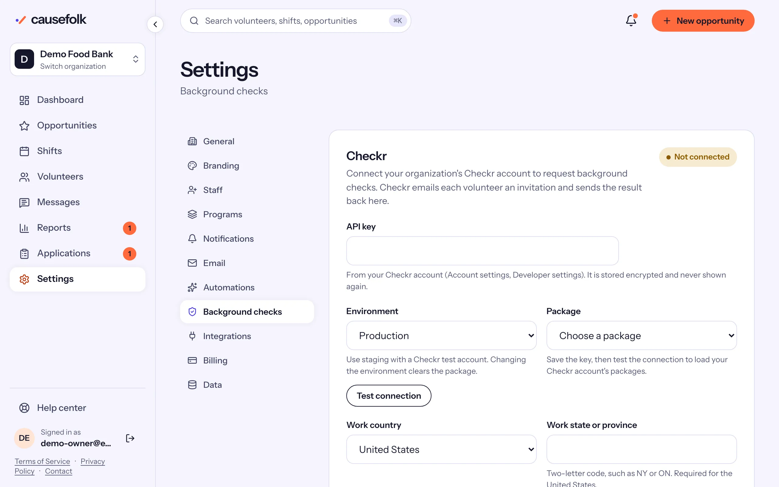 Settings → Background checks: the Checkr card, not connected yet, with the API key, environment, package and work location fields
