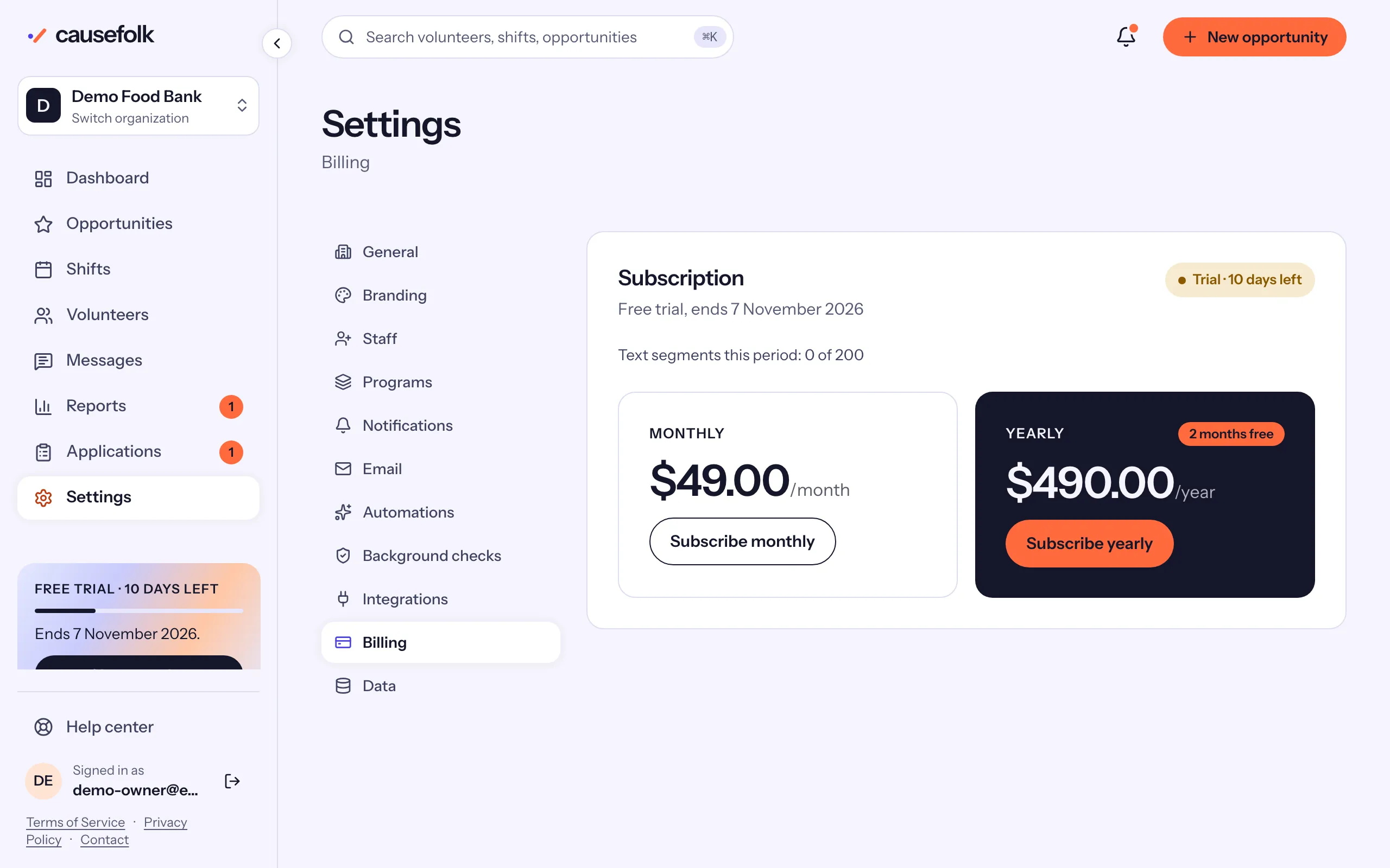 Settings → Billing during a trial: Free trial, ends 7 November 2026, the text segments used, and the Monthly and Yearly plans