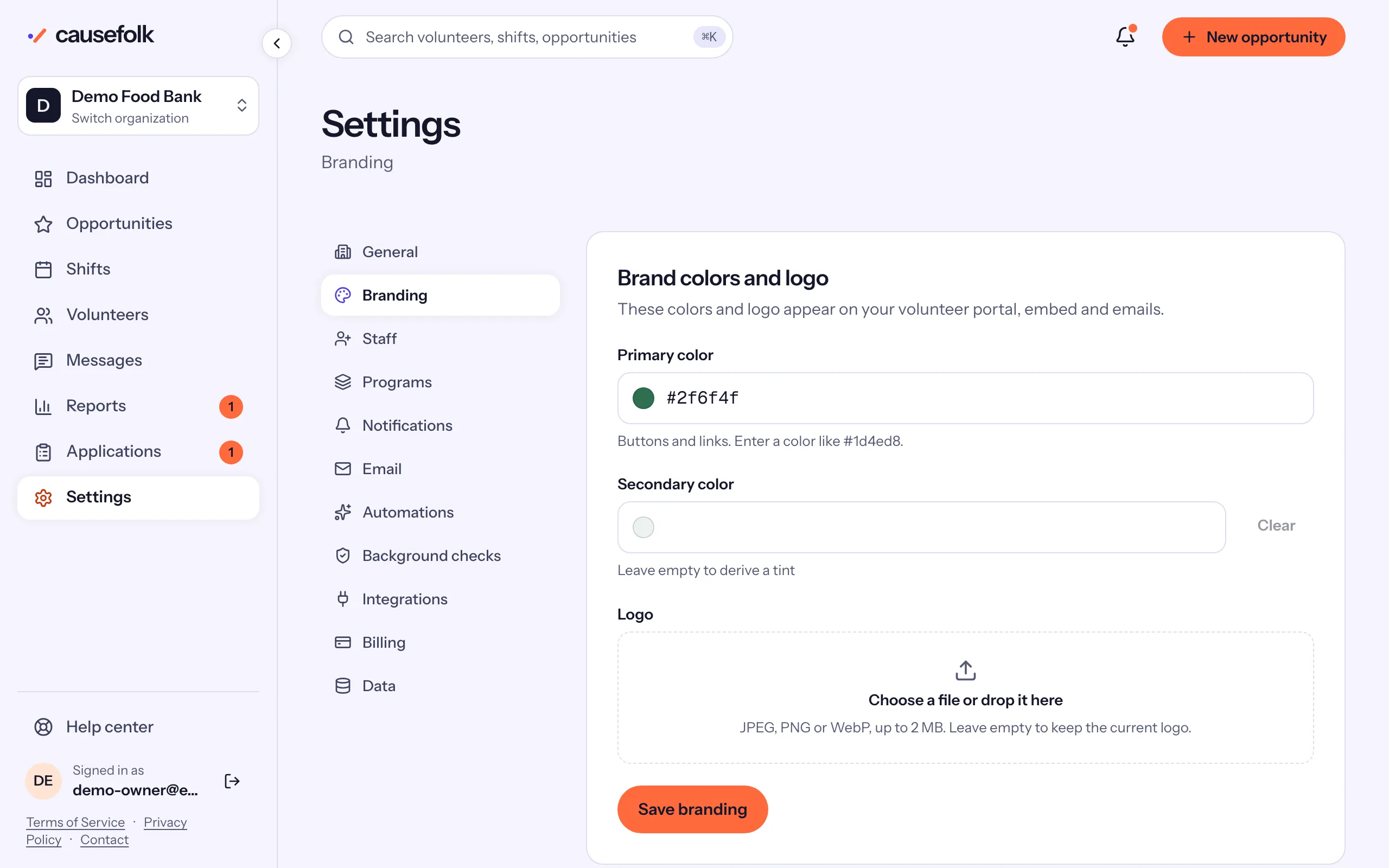 Settings → Branding: the Primary color #2f6f4f, an empty Secondary color, the Logo drop zone and Save branding
