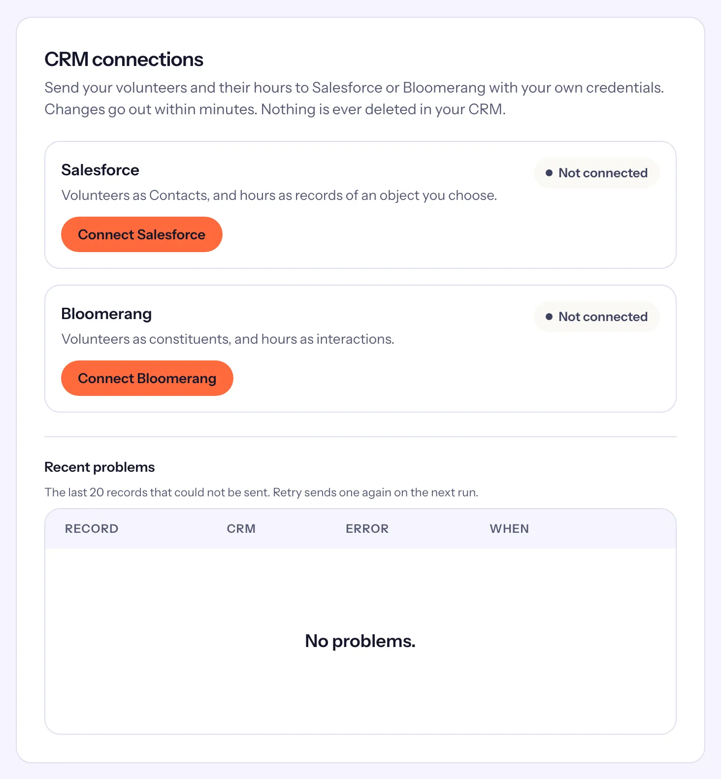 The CRM connections card: Salesforce and Bloomerang, both Not connected, each with its Connect button, then Recent problems