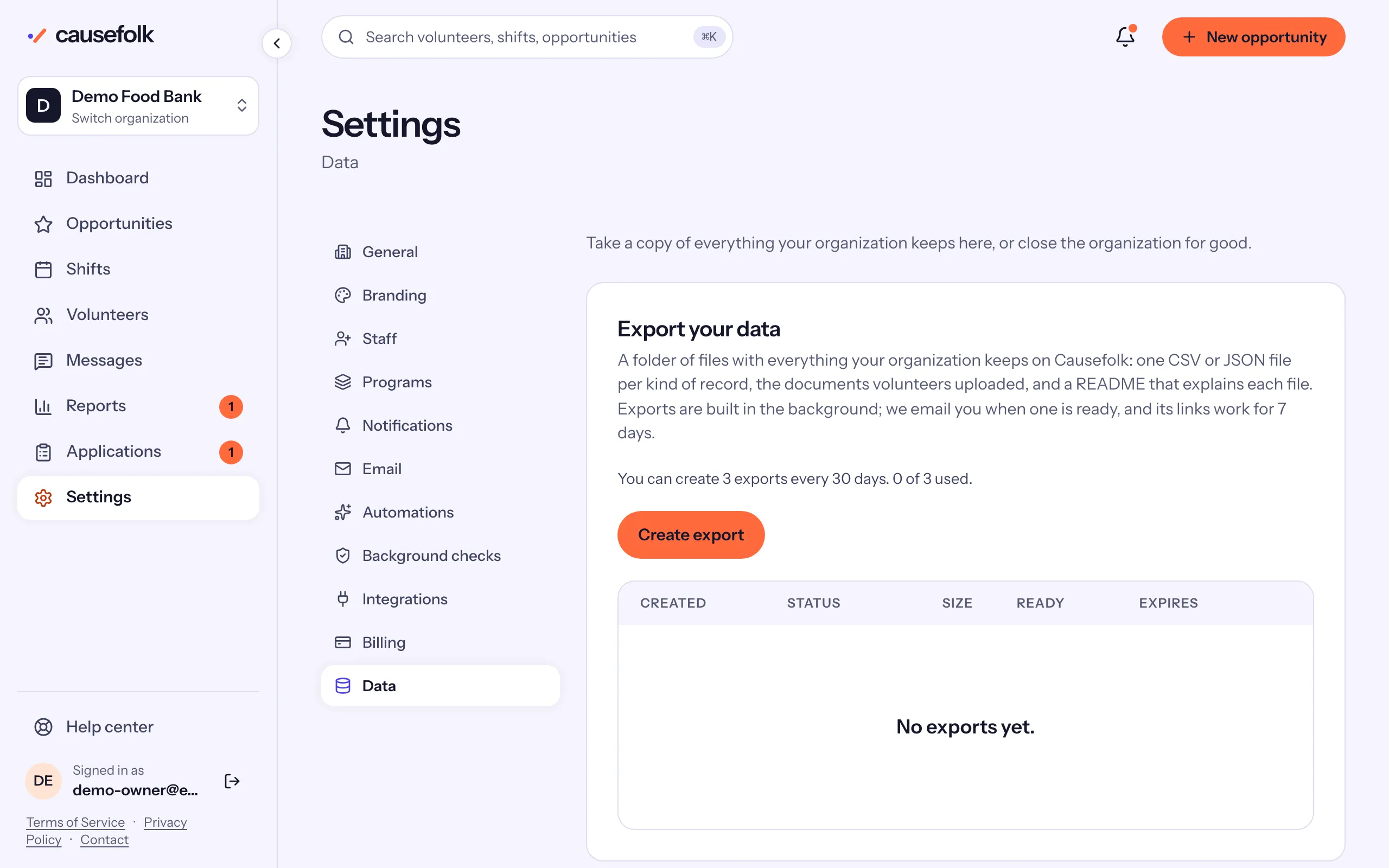 Settings → Data: Export your data with the quota line, Create export and the empty Exports table