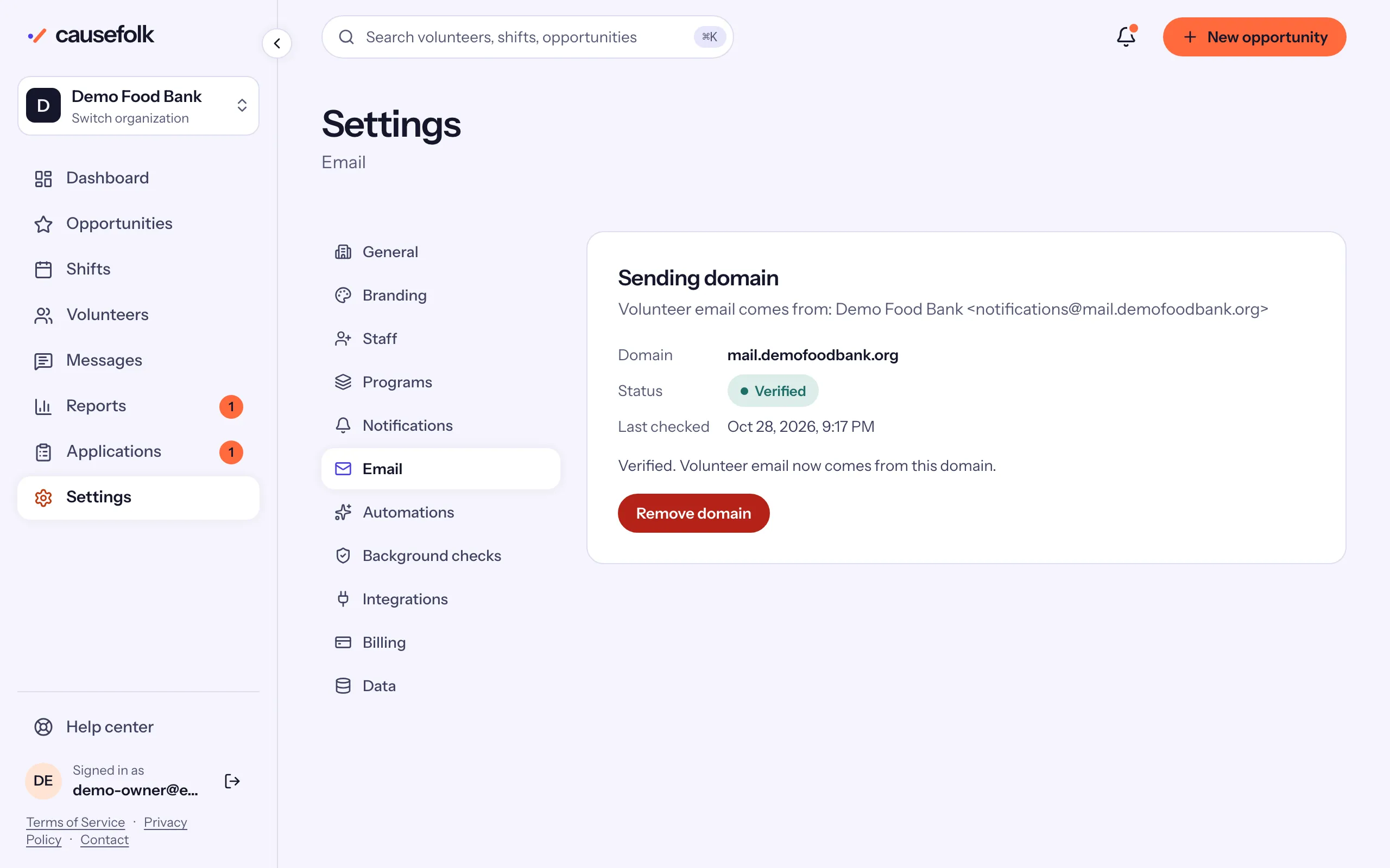 Settings, Email: the verified domain mail.demofoodbank.org, its status and when it was last checked