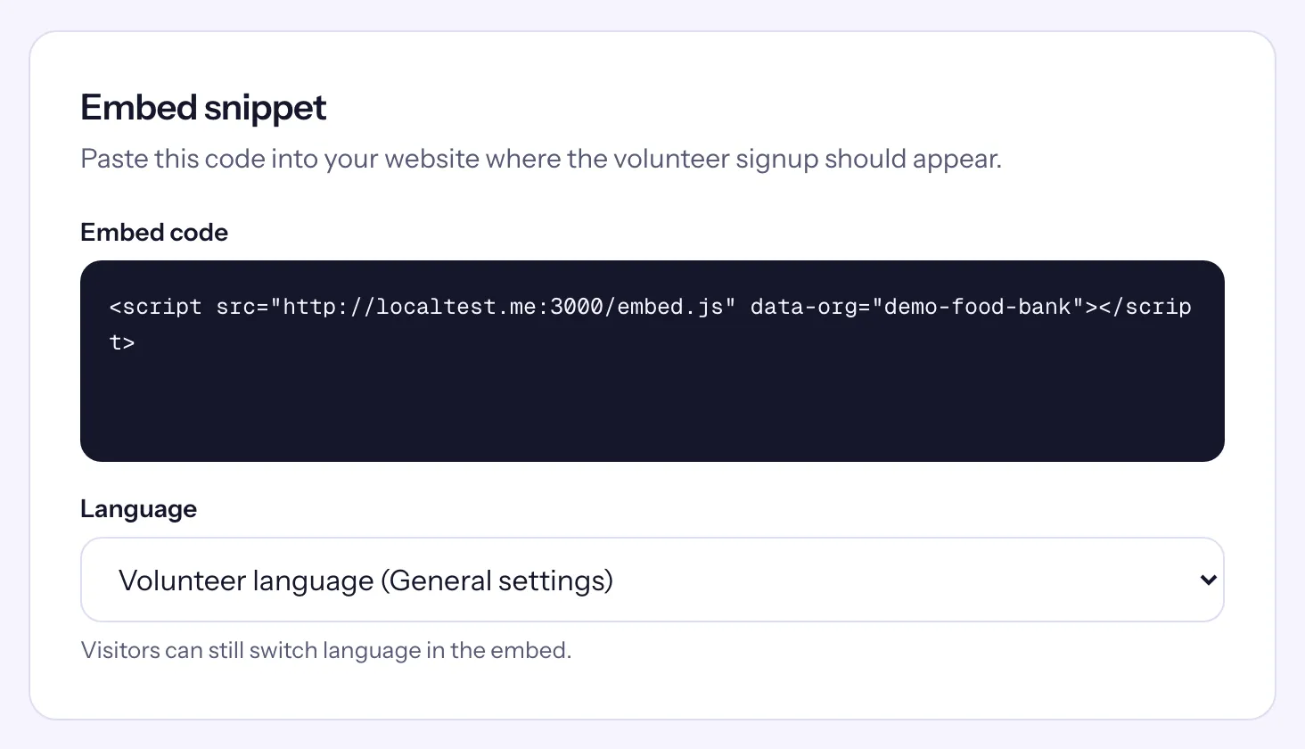 The Embed snippet card with the embed code and its Language choice