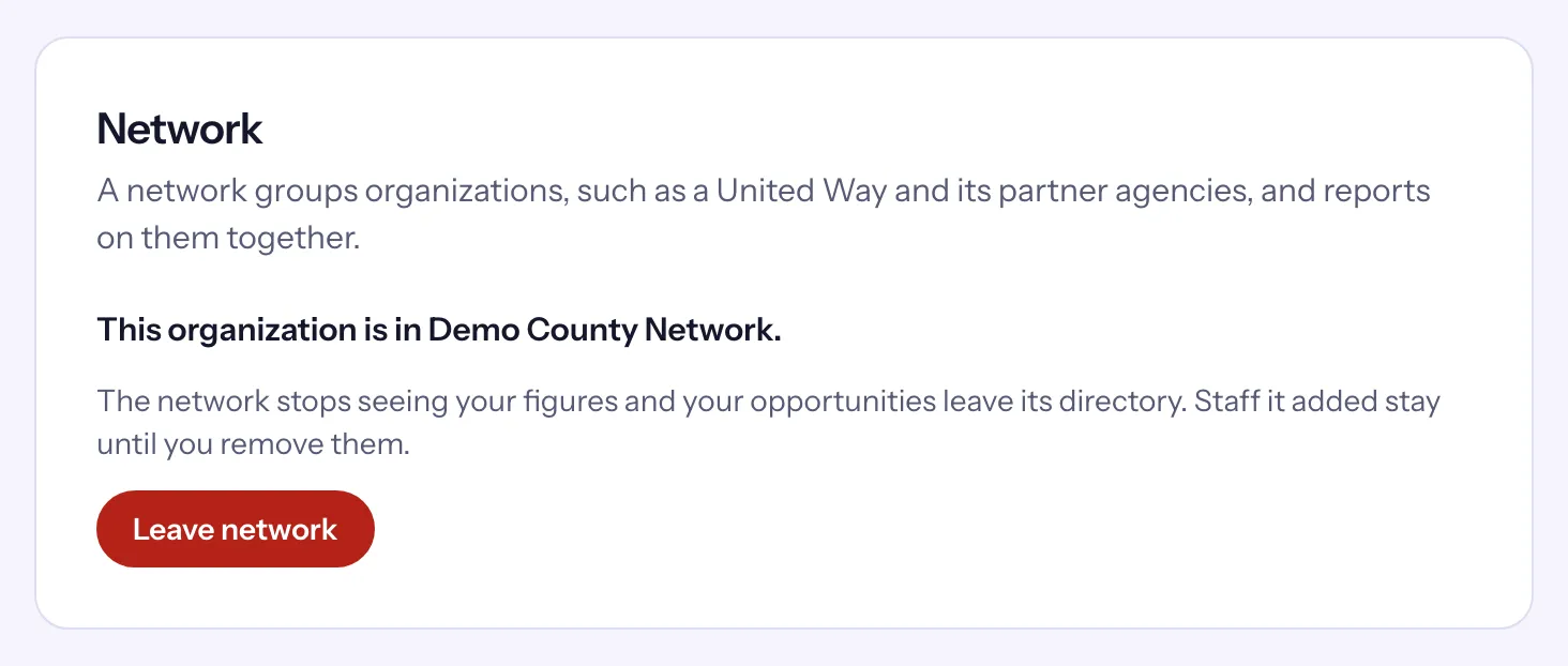 The Network card in Settings → General: This organization is in Demo County Network, with Leave network