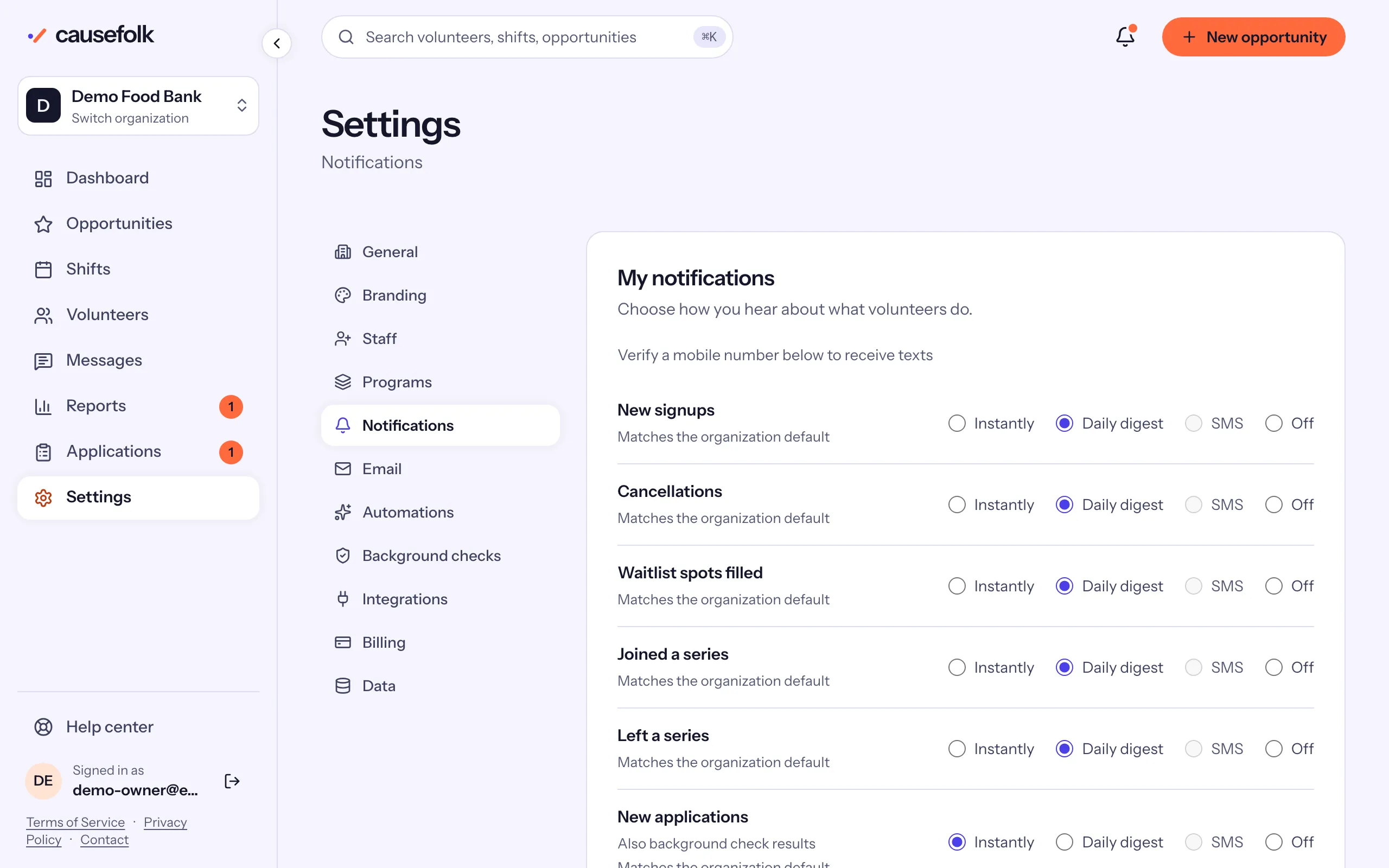 Settings, Notifications: My notifications with a choice of Instantly, Daily digest, SMS or Off for most kinds of notice