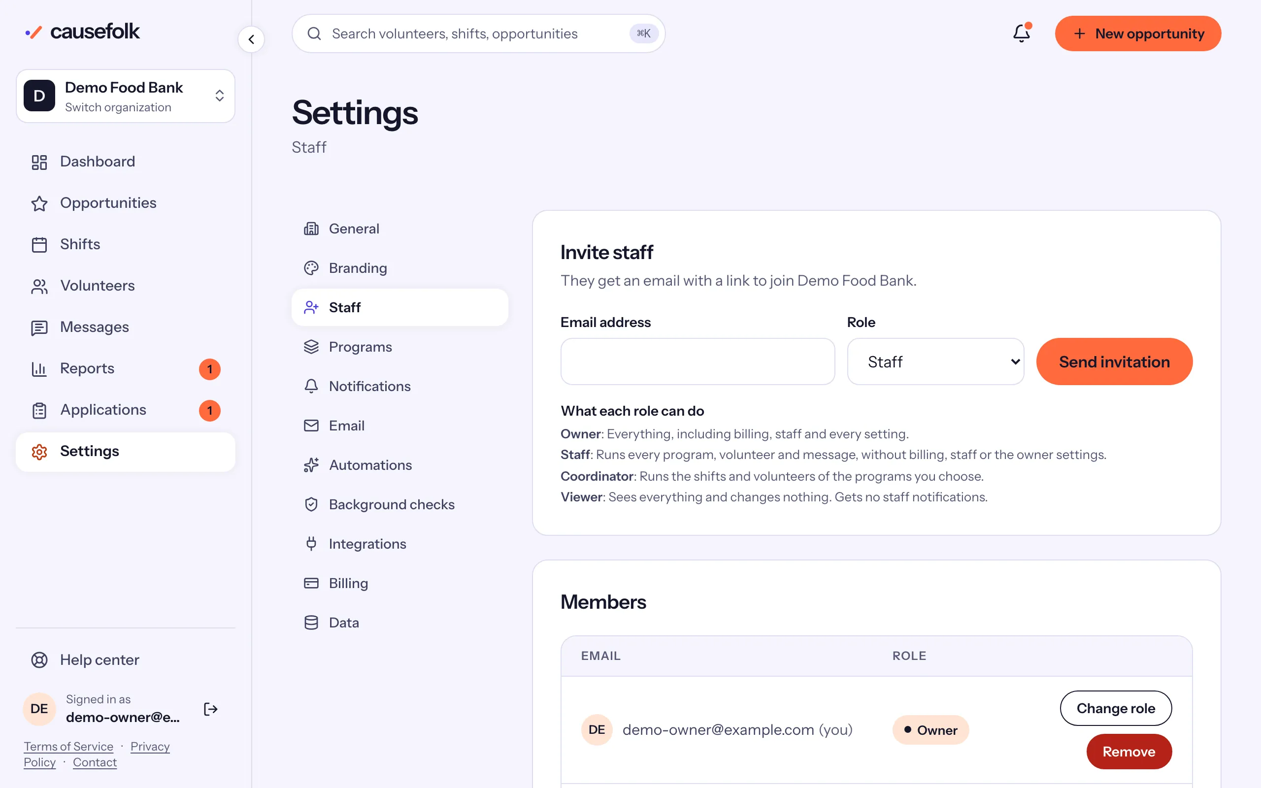 Settings → Staff: the Invite staff card, then Members and Pending invitations