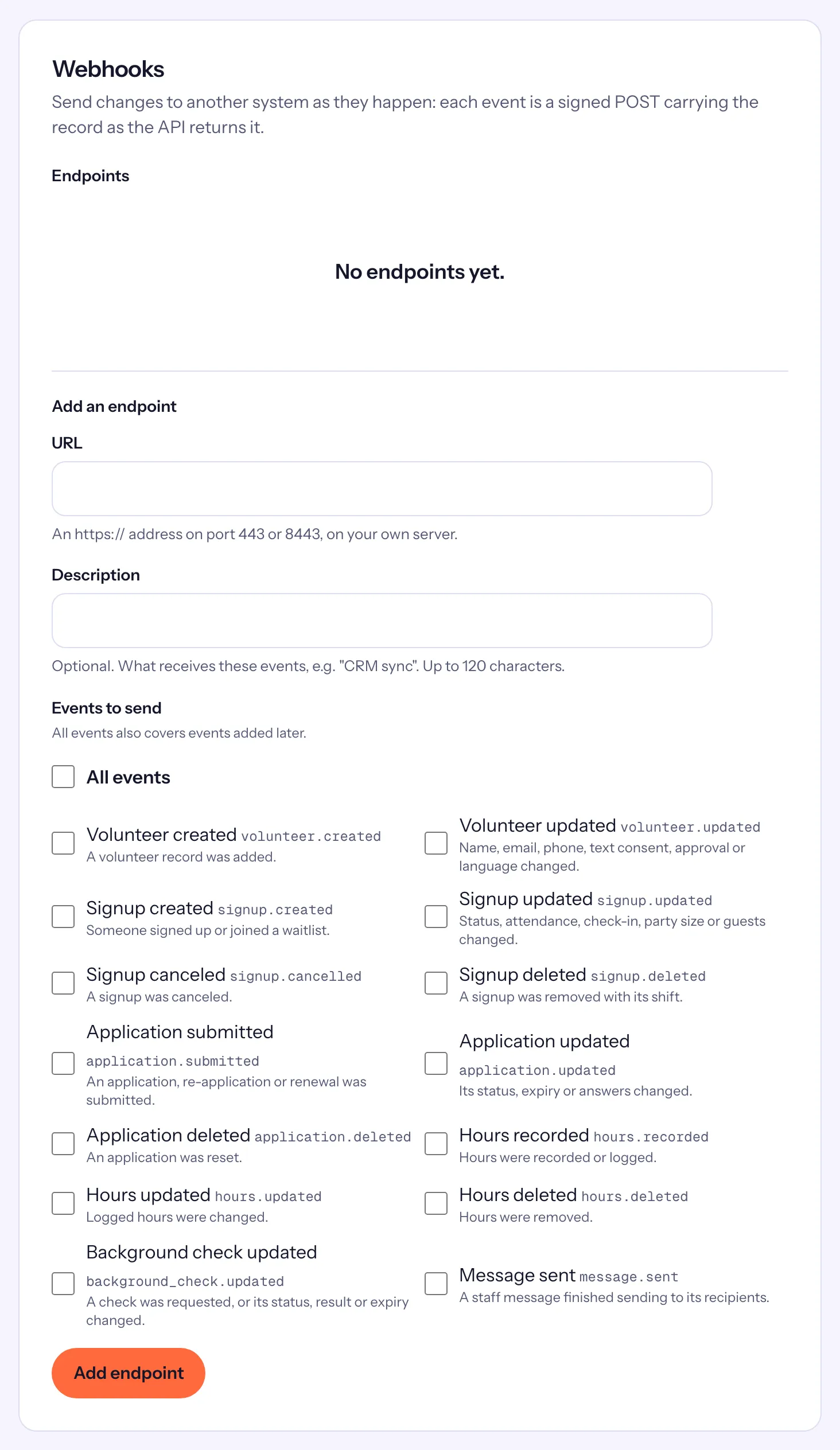 The Webhooks card: Add an endpoint with its URL, Description and the Events to send, each with its event name
