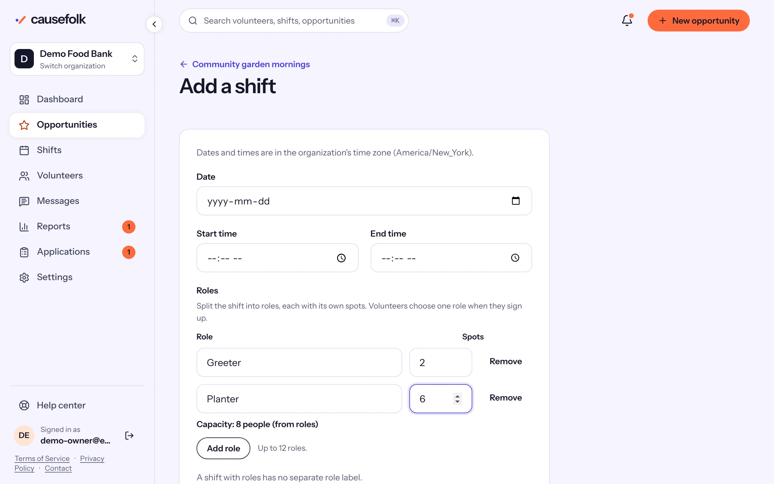 Adding a shift with two roles, Greeter with 2 spots and Planter with 6, for a capacity of 8 people