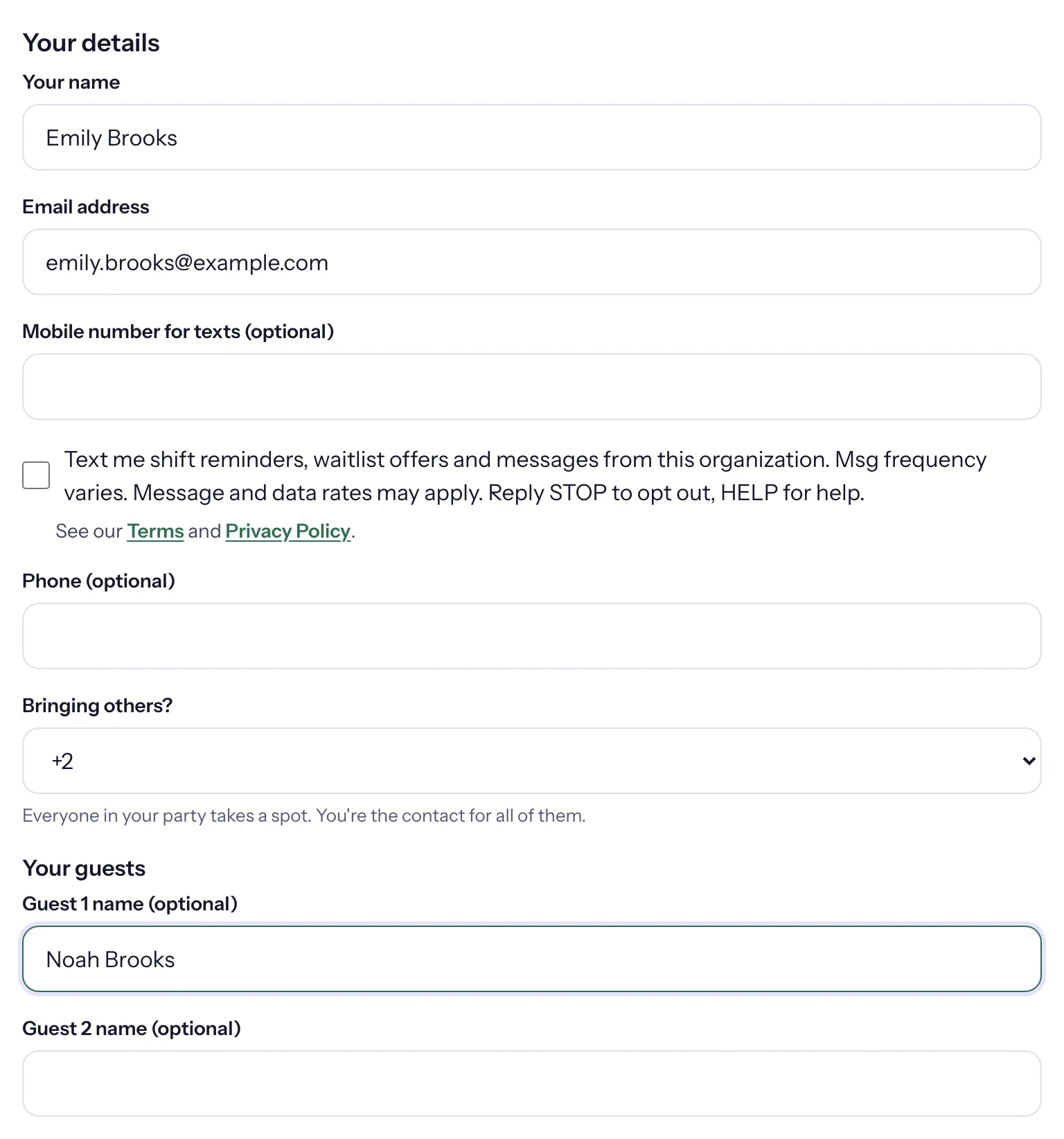The signup form's Your details with Bringing others? set to +2 and the guests' names