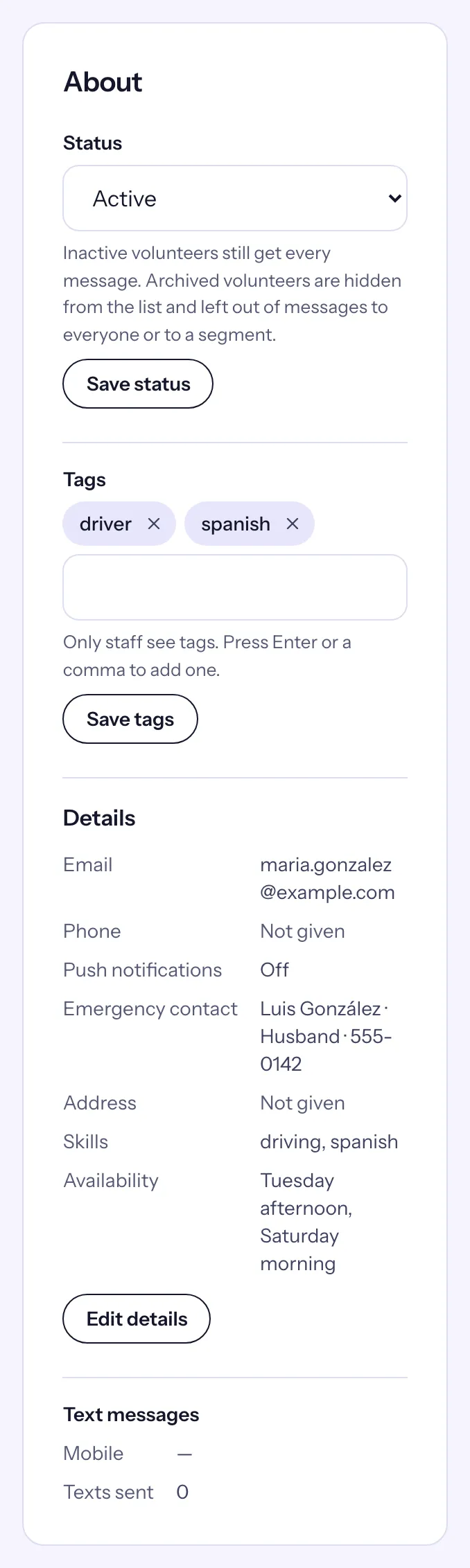 María González's About card, with Push notifications: Off under her email and phone