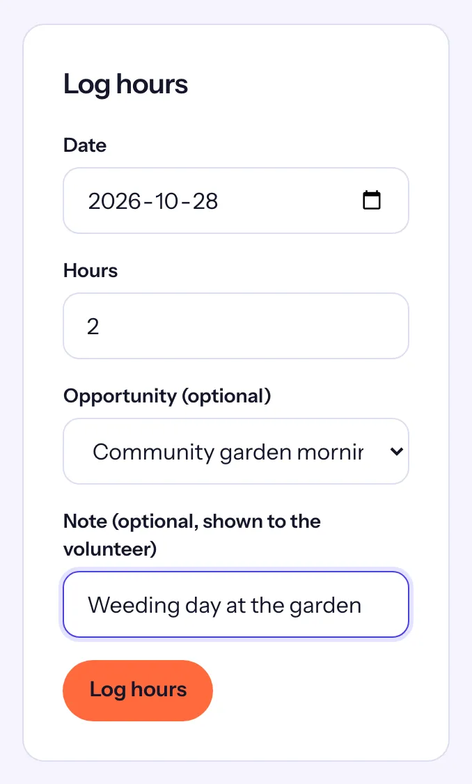 María González's Log hours card with 2 hours for the community garden and a note