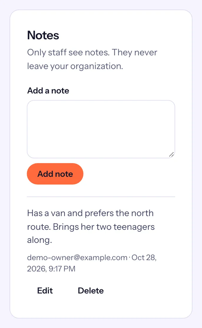 The Notes card with a note by the owner about María's van and route