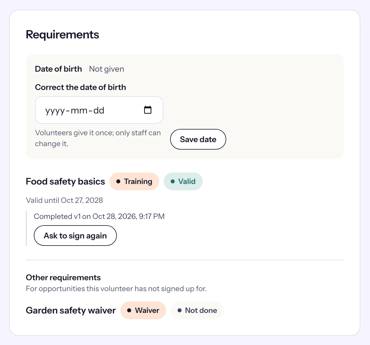 María González's Requirements card: no date of birth given yet, with Correct the date of birth, the food safety training valid and the garden waiver not done
