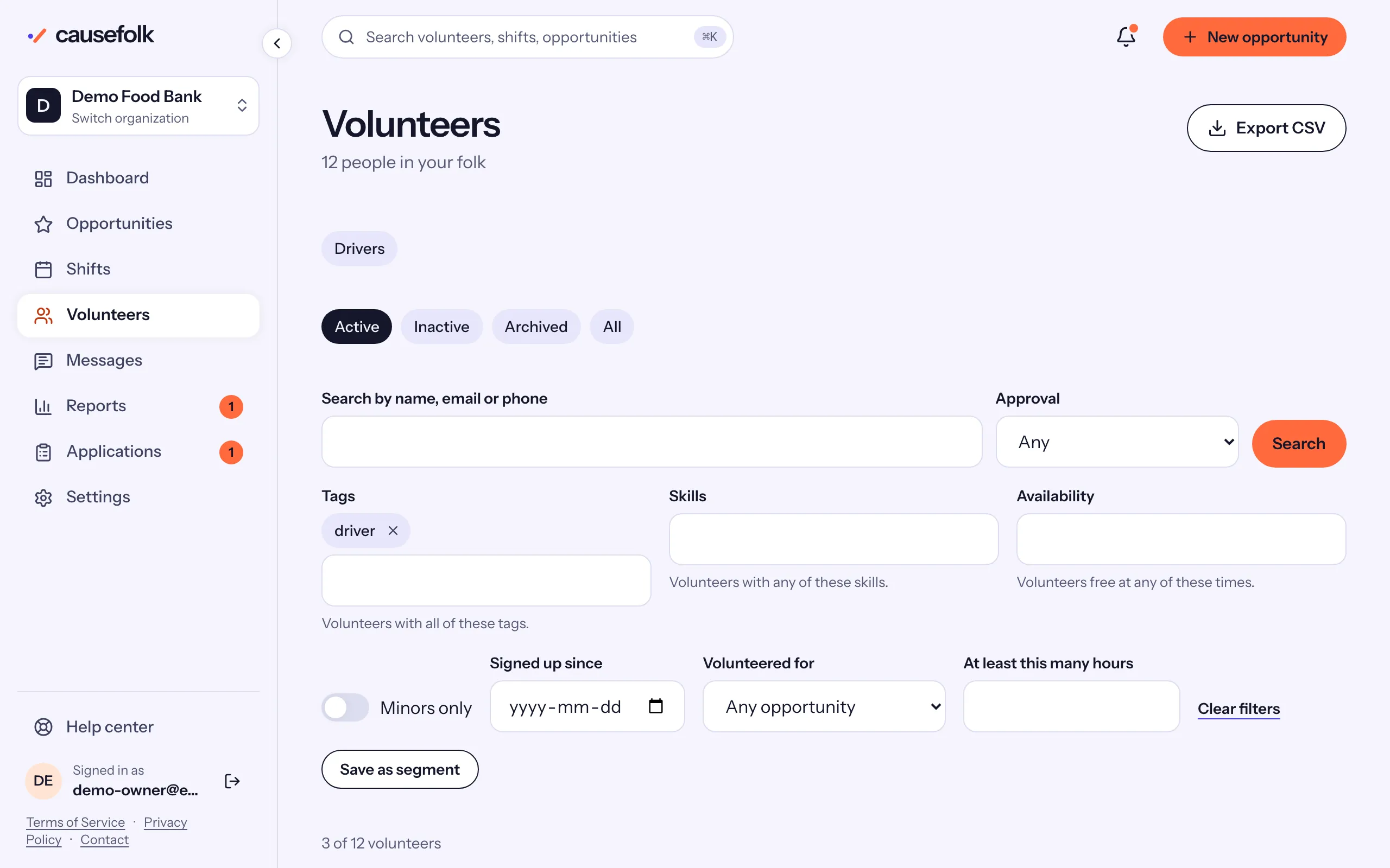 The Volunteers list filtered by the tag driver: the Drivers segment chip, the status chips and the filters, 3 of 12 volunteers