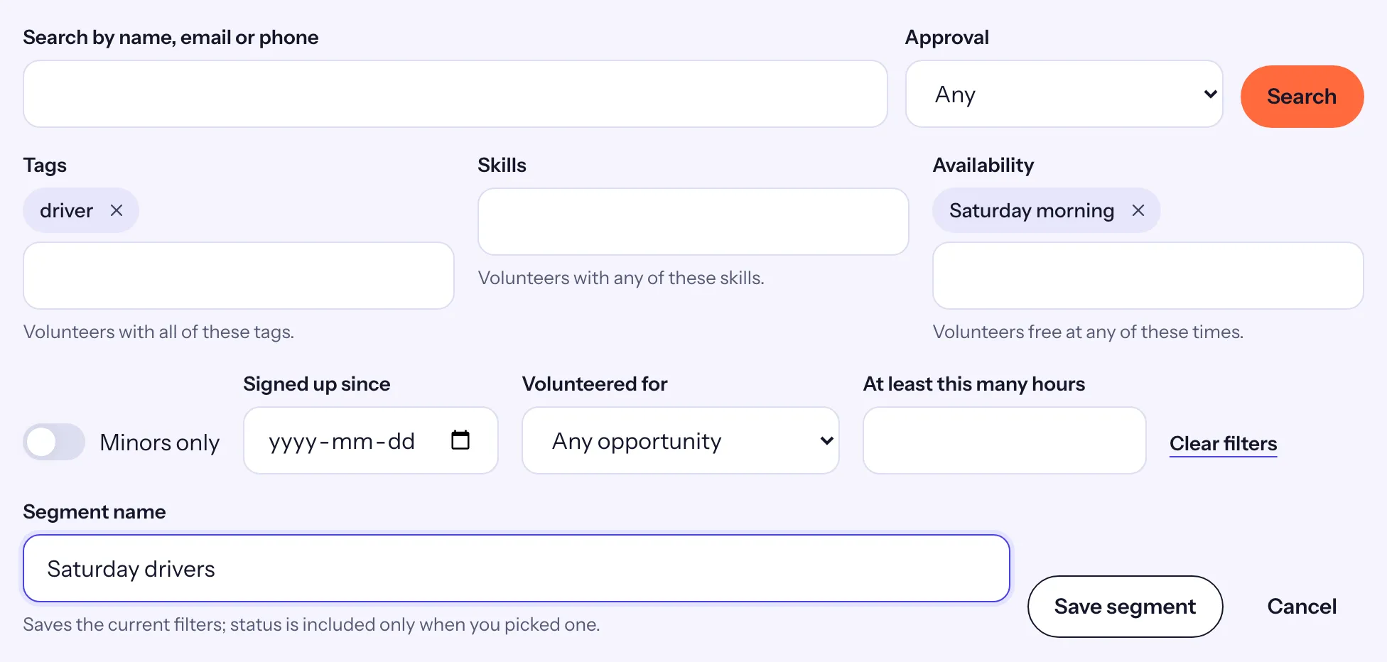 Save as segment opened under the filters, with the name Saturday drivers typed in